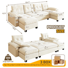104.7" U-Shaped Sleeper Sofa with Pull Out Bed,2 in 1 Convertible Couch Bed with Removable Armrests & USB Ports,Oversized Sectional Modular with Chaise Lounge for Living Room//Apartment,Beige/white