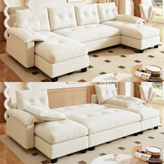 104.7" U-Shaped Sleeper Sofa with Pull Out Bed,2 in 1 Convertible Couch Bed with Removable Armrests & USB Ports,Oversized Sectional Modular with Chaise Lounge for Living Room//Apartment,Beige/white