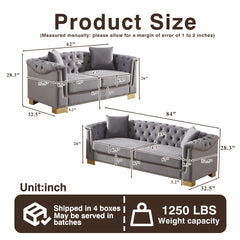 3-Seater + 2-Seater Combination Sofa Chesterfield Classic Rolled Arm Velvet Modern Combination Sofa Suitable for Apartment Living Rooms, Family Living Rooms, and Offices.Grey