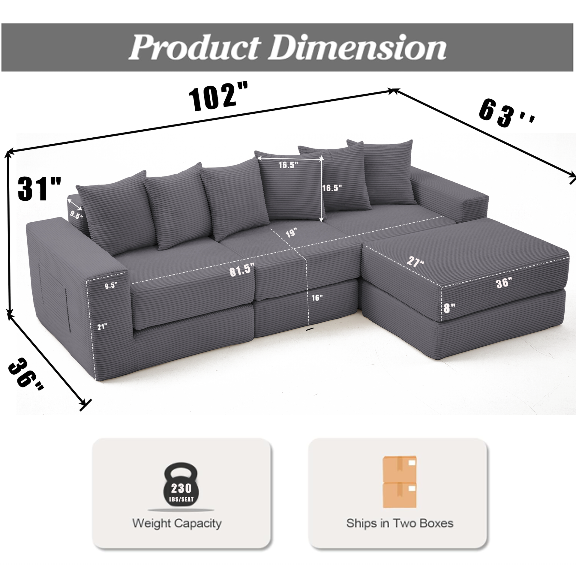 10-in-1 Convertible Sofa Sectional ,Corner Couch , Convertible Floor Sleeper Sofa,Corduroy,Side Pocket,No Assembly,DIY,L Shaped Modular Sofa,6 Pillows,Dark Gray