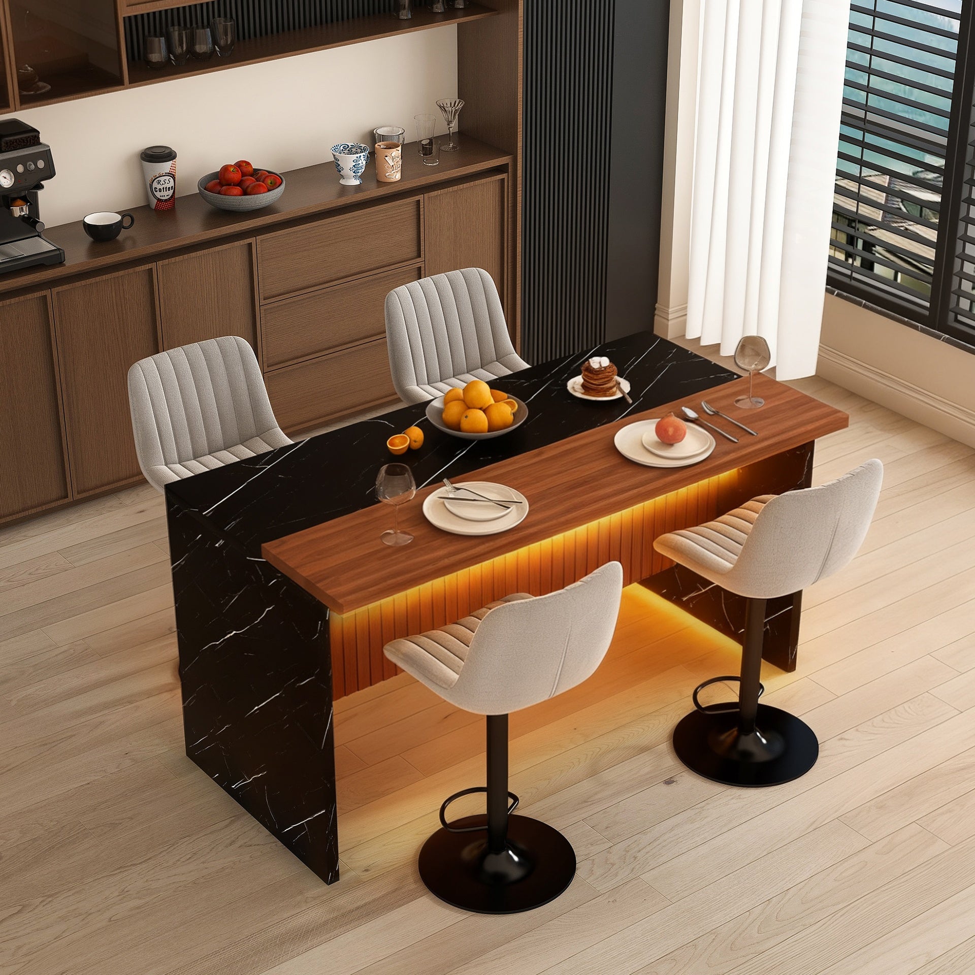 63" Modern Kitchen Island Set with 4 Gray Bar Stools - Black Marble Look Surface, LED Lighting & Grill Design for Dining Room, Open Concept Spaces, Lounge(4 Gray Bar Stools)