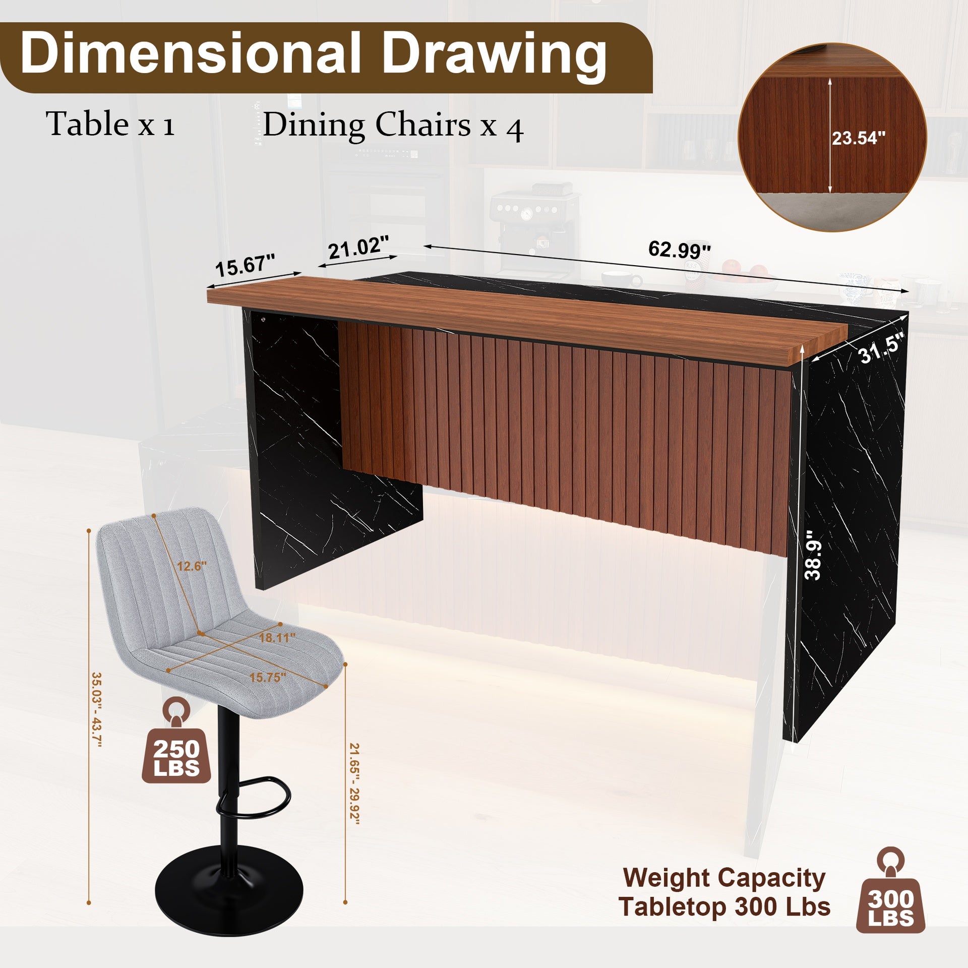 63" Modern Kitchen Island Set with 4 Gray Bar Stools - Black Marble Look Surface, LED Lighting & Grill Design for Dining Room, Open Concept Spaces, Lounge(4 Gray Bar Stools)
