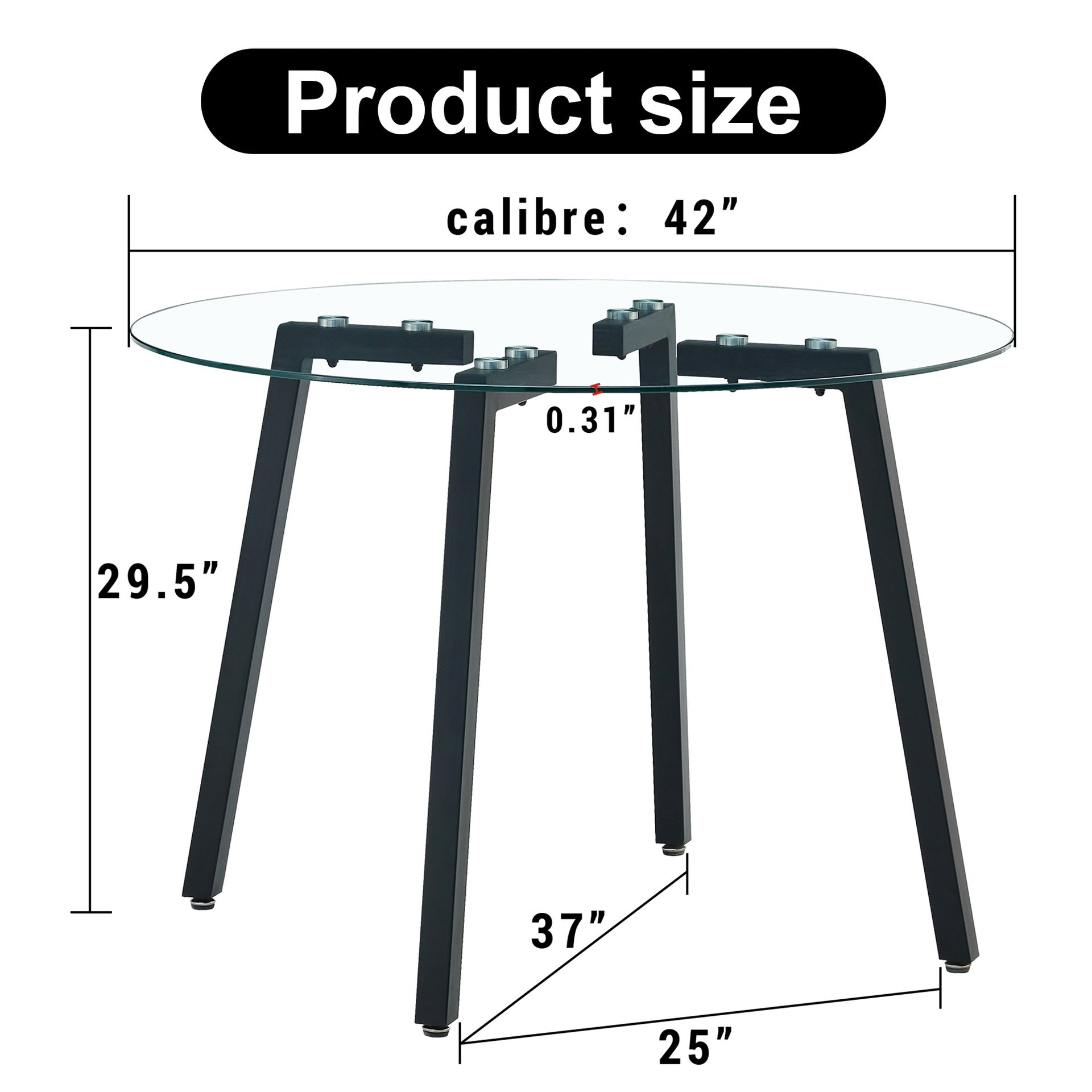 Modern simple style round transparent tempered glass table, tempered glass table top, black metal legs, suitable for kitchen, dining room and living room, 42 "*42" *29.5 "1123r