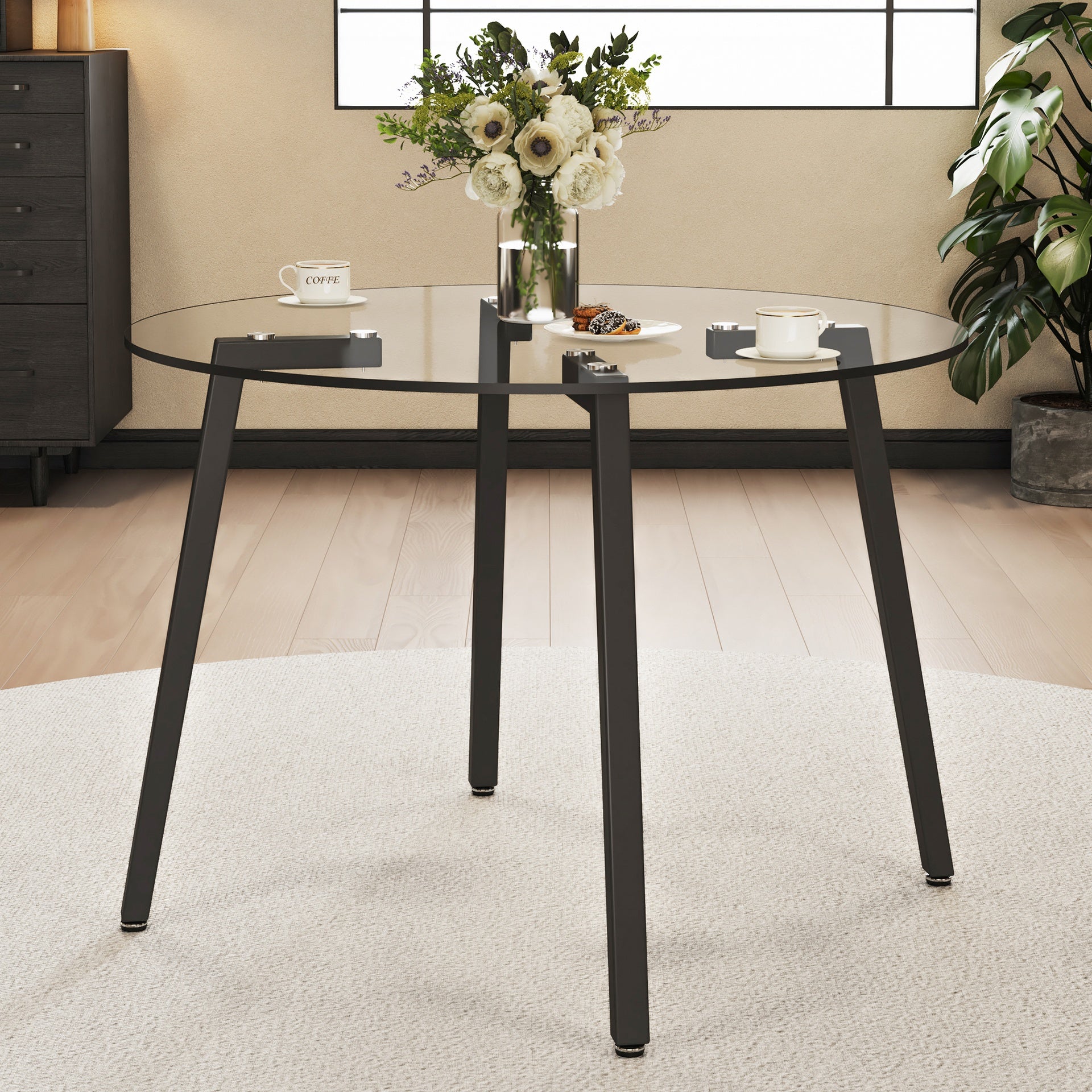 Modern simple style round transparent tempered glass table, tempered glass table top, black metal legs, suitable for kitchen, dining room and living room, 42 "*42" *29.5 "1123r