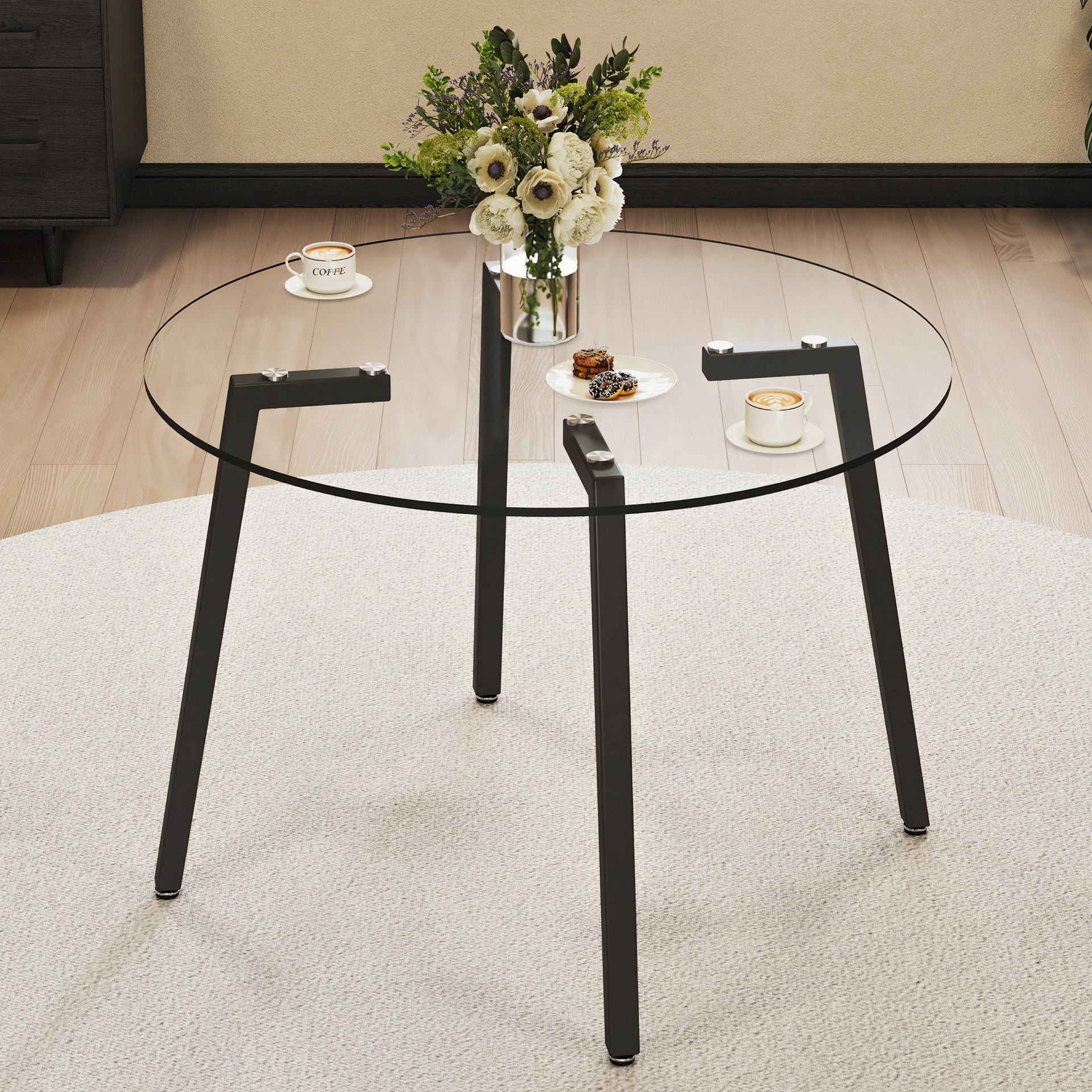 Modern simple style round transparent tempered glass table, tempered glass table top, black metal legs, suitable for kitchen, dining room and living room, 42 "*42" *29.5 "1123r