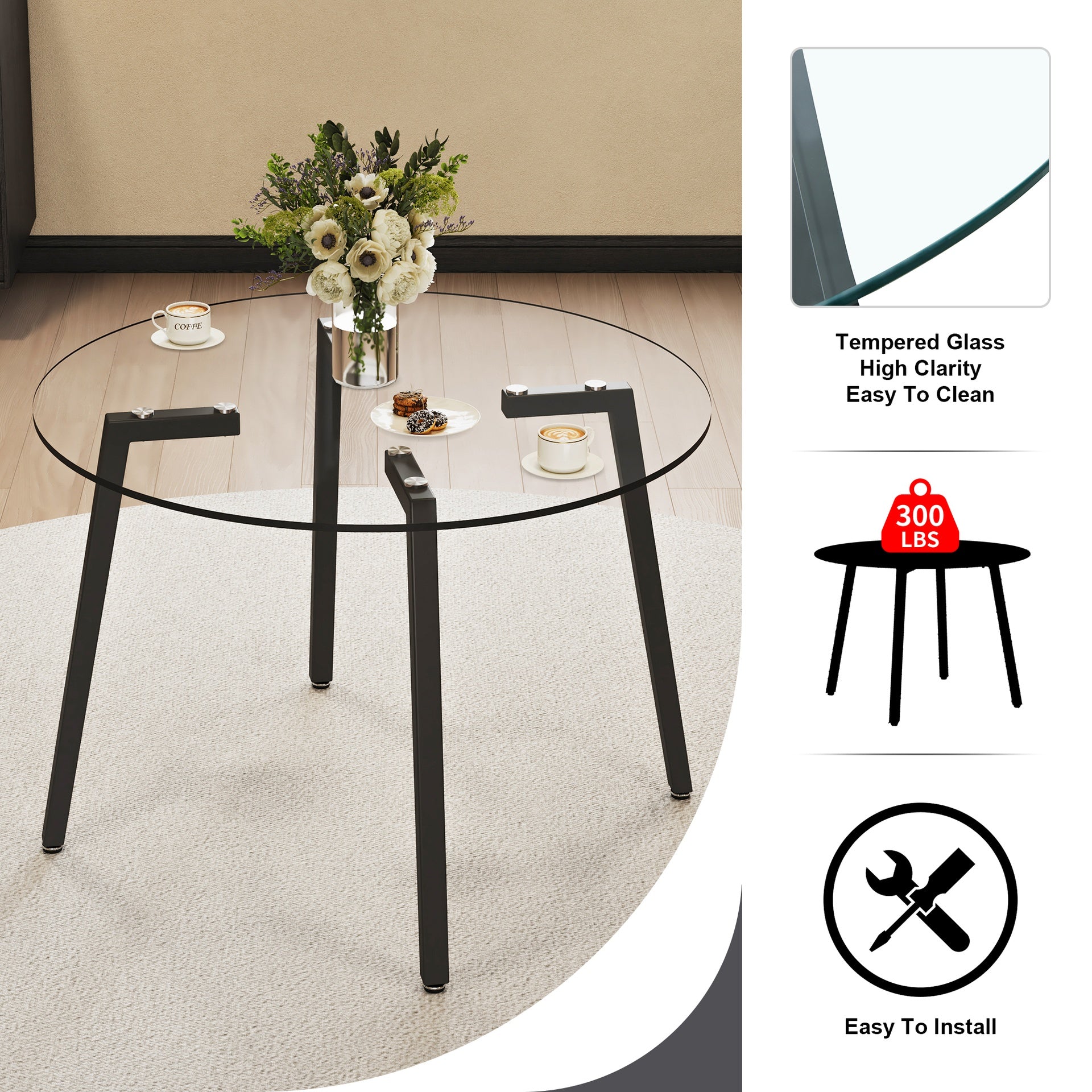 Modern simple style round transparent tempered glass table, tempered glass table top, black metal legs, suitable for kitchen, dining room and living room, 42 "*42" *29.5 "1123r