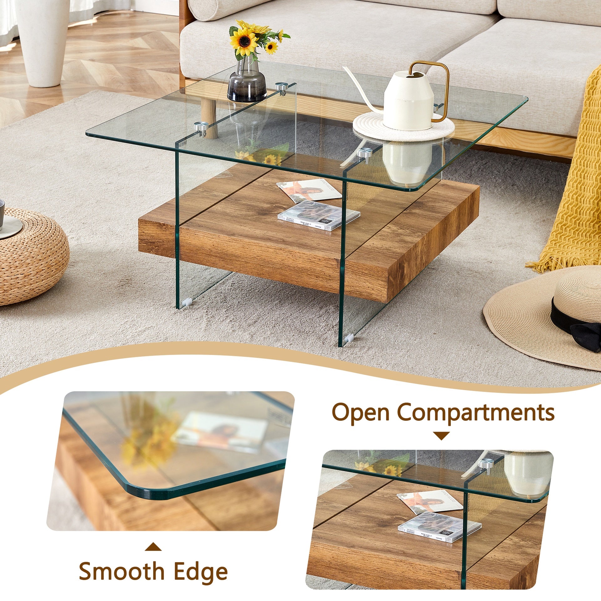 31.4 Inch Modern Two-Tier Square Coffee Table -An Elegant Combination of Clear Glass and Light Wood Texture Sticker.It can be used not only as a coffee table but also as a side table or display stand.