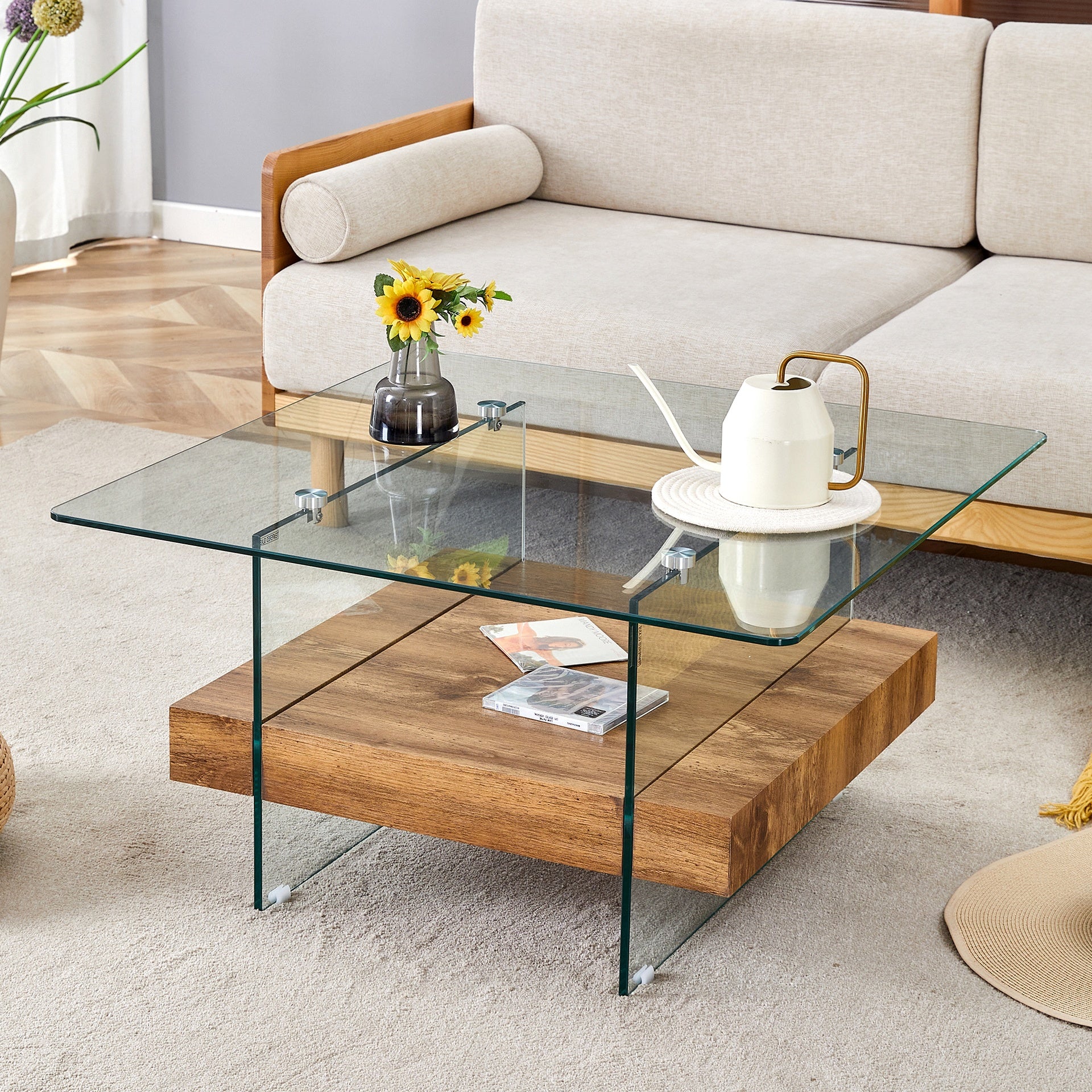 31.4 Inch Modern Two-Tier Square Coffee Table -An Elegant Combination of Clear Glass and Light Wood Texture Sticker.It can be used not only as a coffee table but also as a side table or display stand.