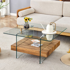 31.4 Inch Modern Two-Tier Square Coffee Table -An Elegant Combination of Clear Glass and Light Wood Texture Sticker.It can be used not only as a coffee table but also as a side table or display stand.
