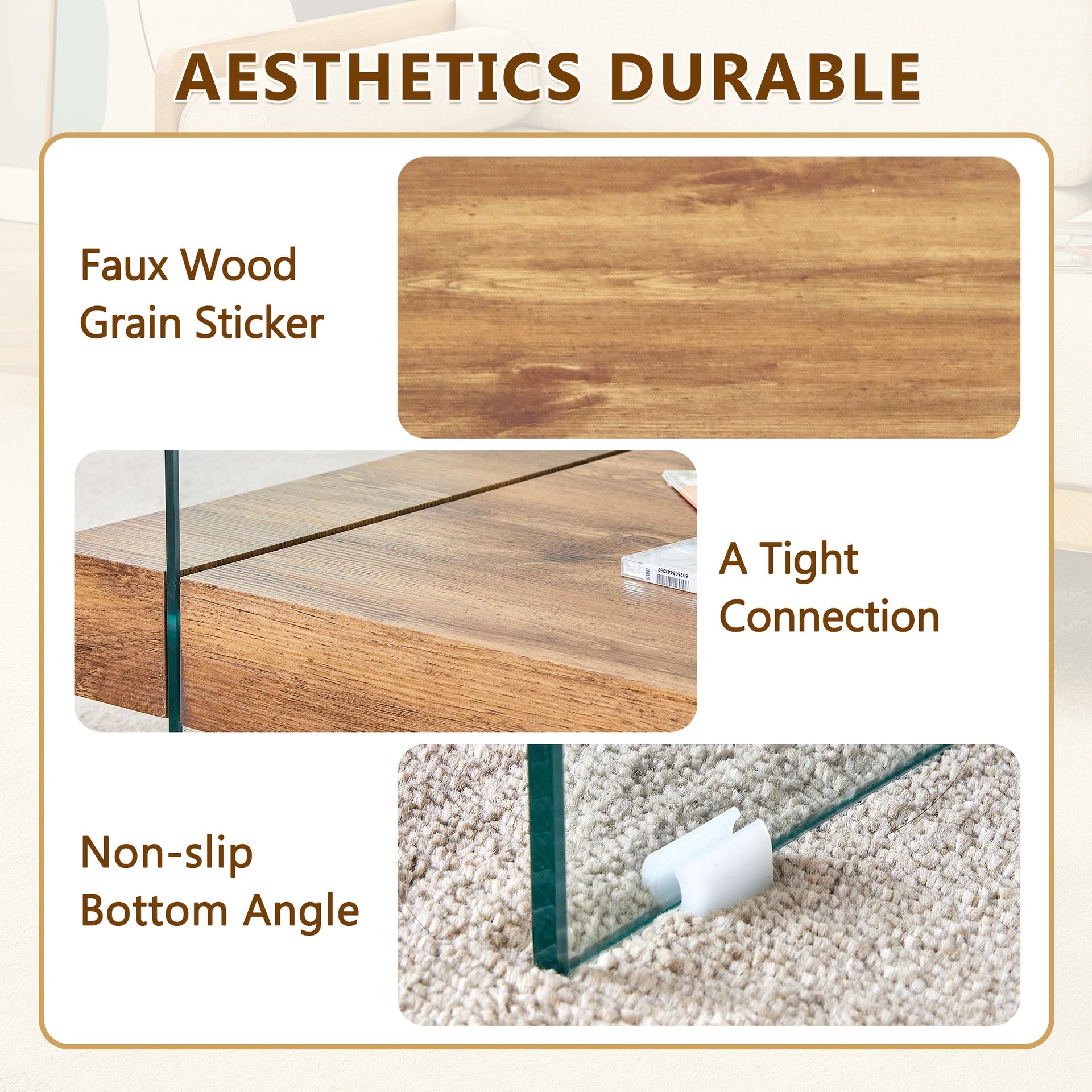 31.4 Inch Modern Two-Tier Square Coffee Table -An Elegant Combination of Clear Glass and Light Wood Texture Sticker.It can be used not only as a coffee table but also as a side table or display stand.