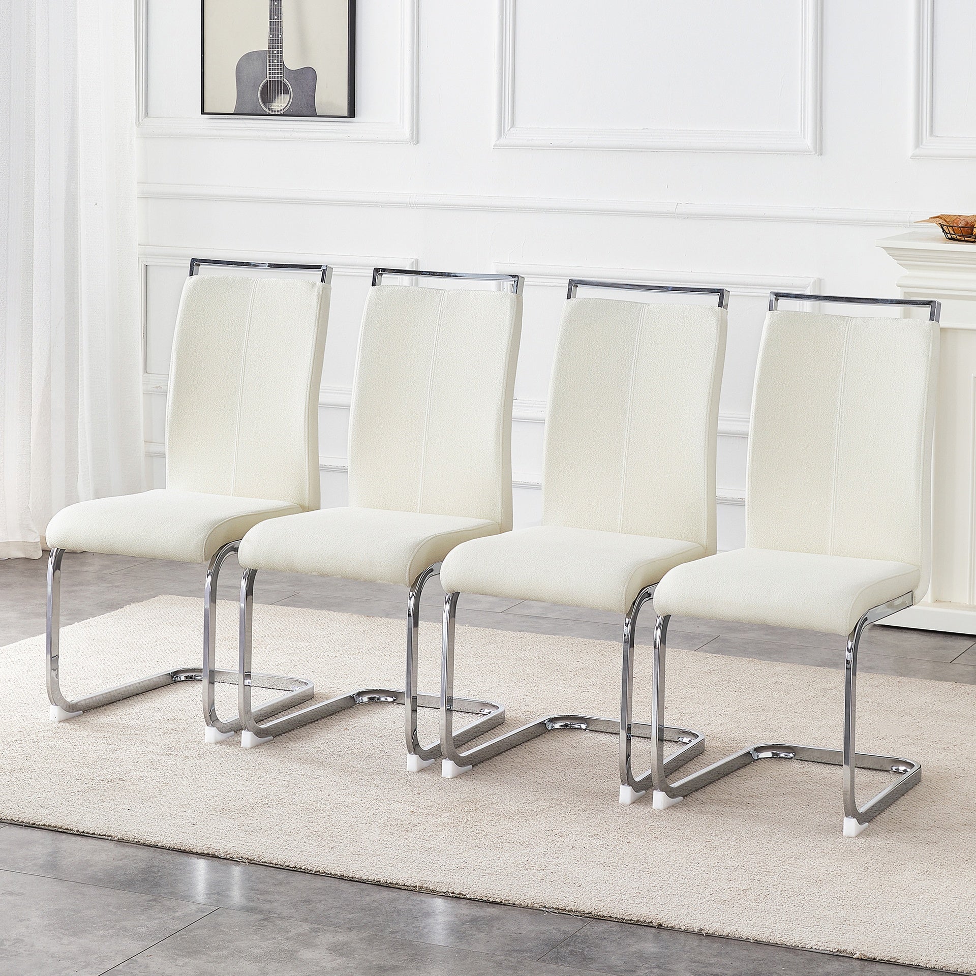 Set of 4 Cream Textured Granular Fabric Material Dining Chairs: 39.3" High, 20.4" Ergonomic Backrest, Ideal for Dining Room, Living Room & Modern Spaces, Stylish & Comfortable.