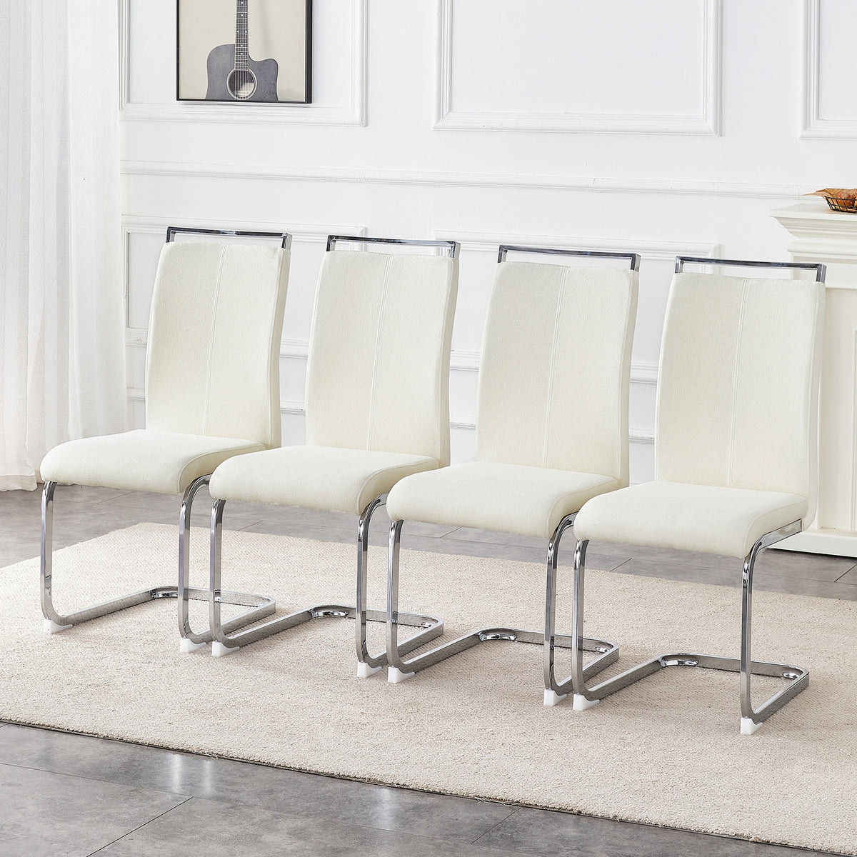 Set of 4 Cream Textured Granular Fabric Material Dining Chairs: 39.3" High, 20.4" Ergonomic Backrest, Ideal for Dining Room, Living Room & Modern Spaces, Stylish & Comfortable.