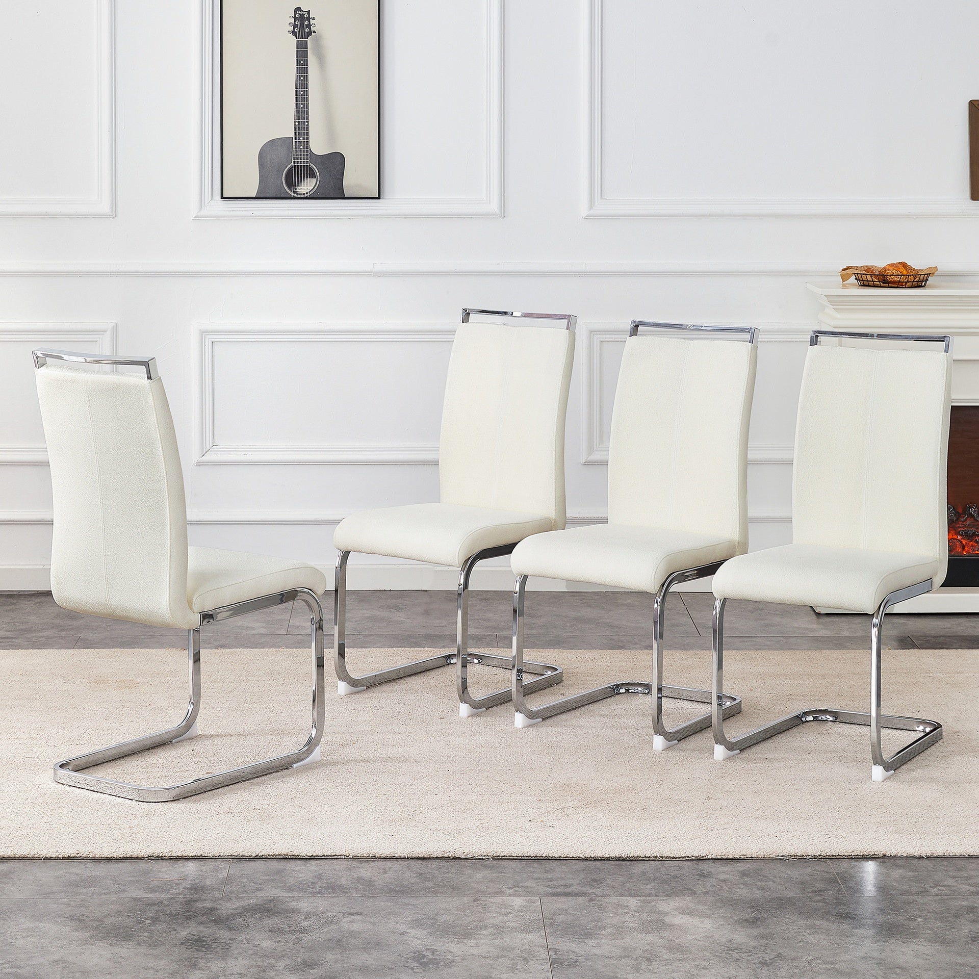 Set of 4 Cream Textured Granular Fabric Material Dining Chairs: 39.3" High, 20.4" Ergonomic Backrest, Ideal for Dining Room, Living Room & Modern Spaces, Stylish & Comfortable.