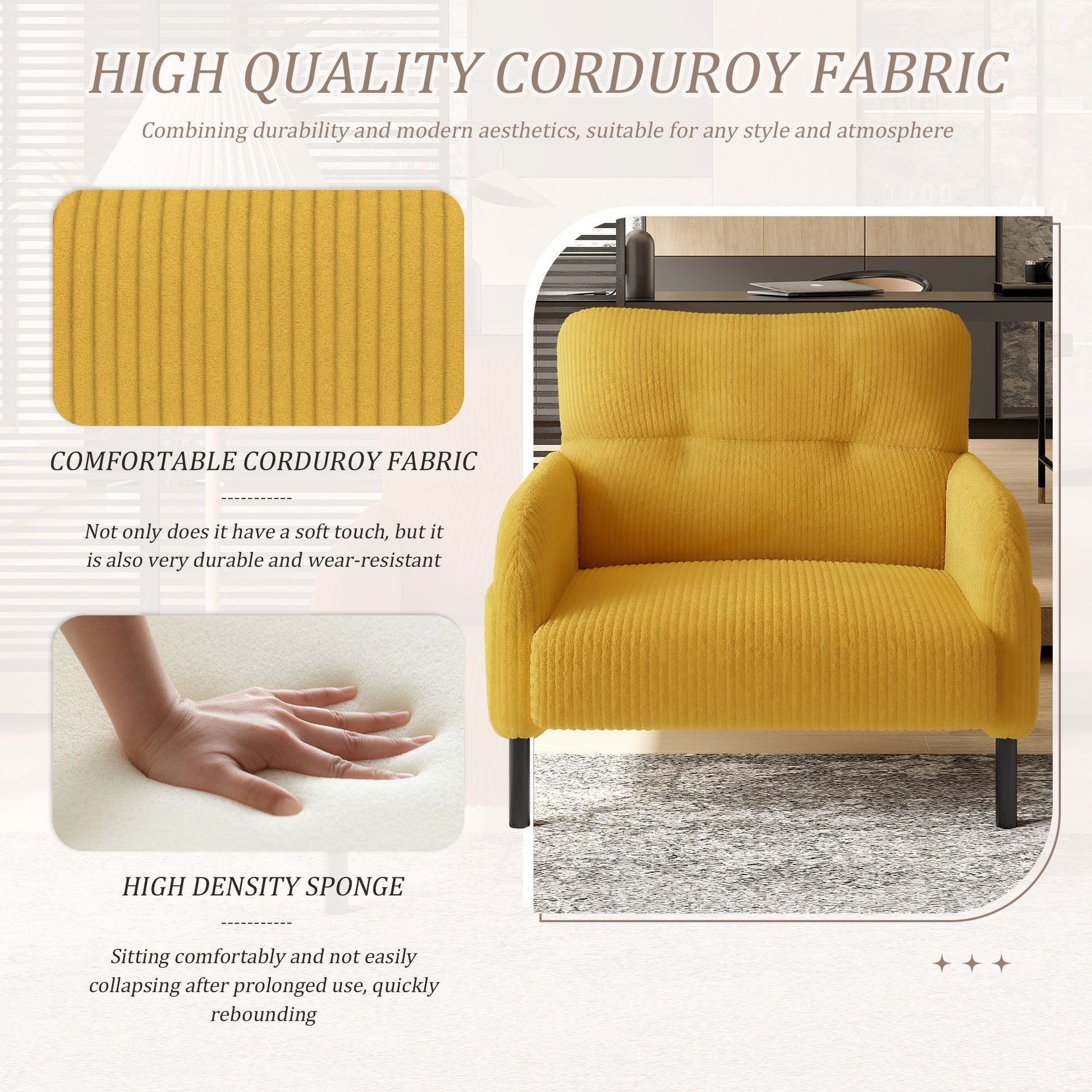 UNITED WE WIN corduroy fabric, comfortable monochrome single person wide seat chair, suitable for living rooms and bedrooms