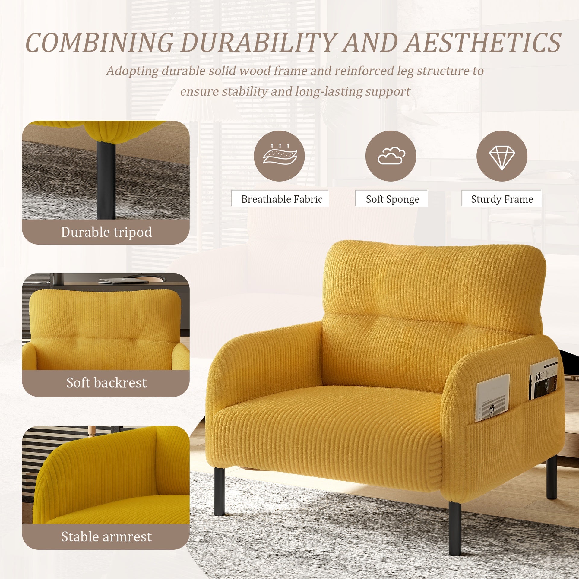 UNITED WE WIN corduroy fabric, comfortable monochrome single person wide seat chair, suitable for living rooms and bedrooms