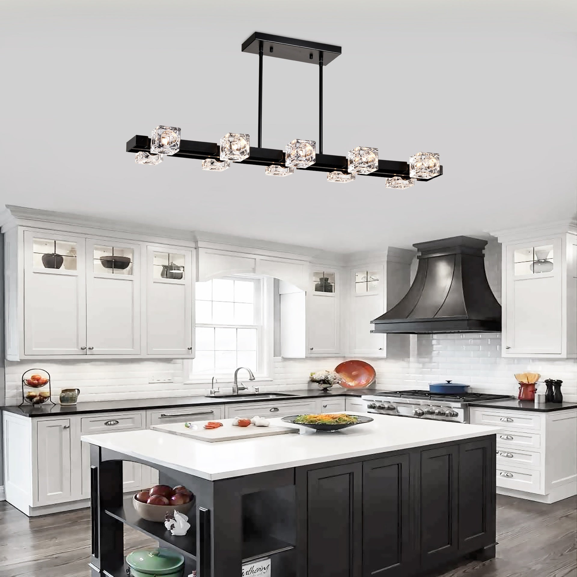 Rectangle Chandelier for Dining Room, 10-Light Black Farmhouse Linear Pendant Light Fixture, Modern Crystal Hanging Lighting Chandelier for  Lobby, Kitchen, Bedroom, Living Room, Conference Room, Home