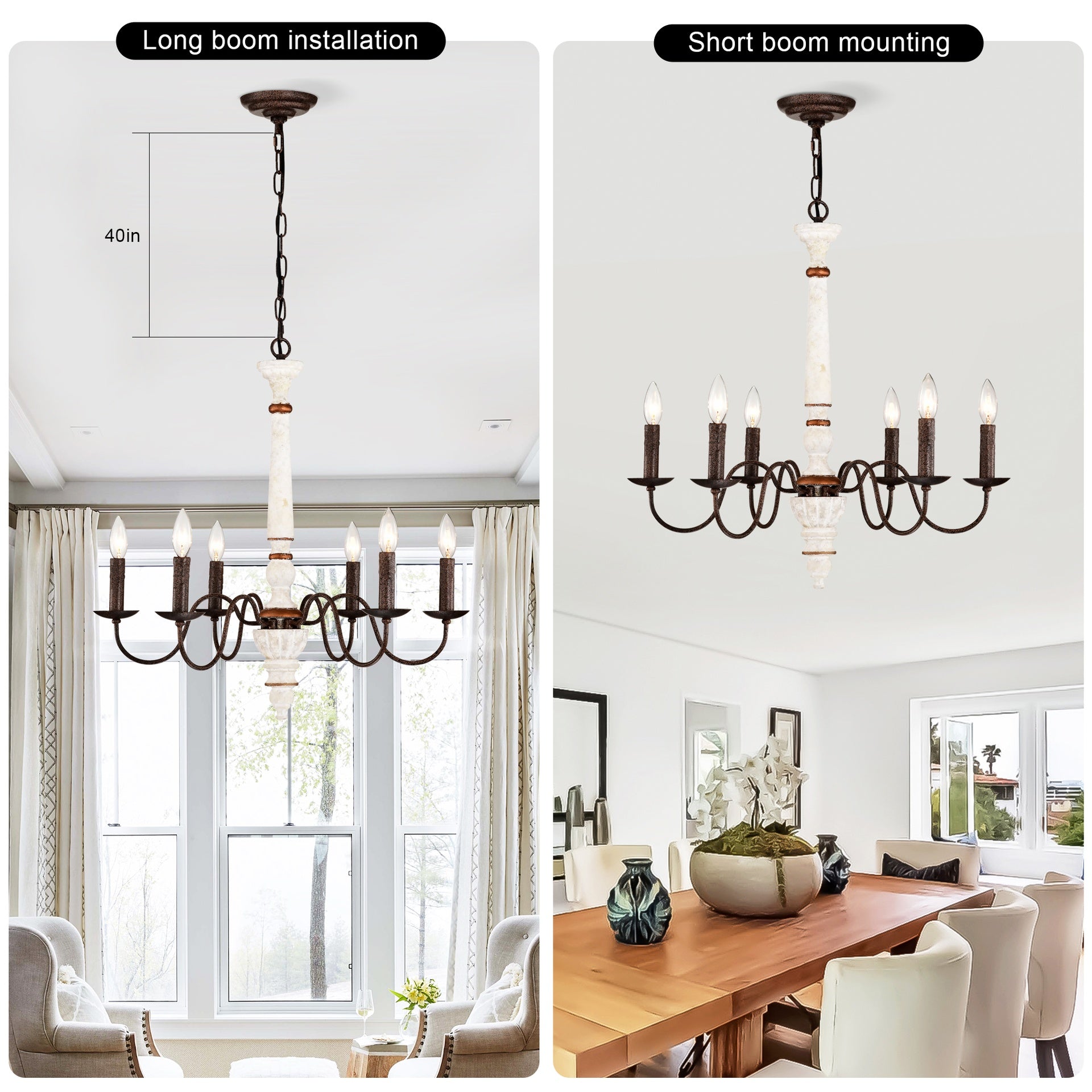 Retro white and Rust Color Chandelier With Light Fixture 6 Light (E12 NO include Bulb)  Pendant Light Fixtures for Dining Room, Lobby, Kitchen, Bedroom, Living Room, Conference Room, Home Office