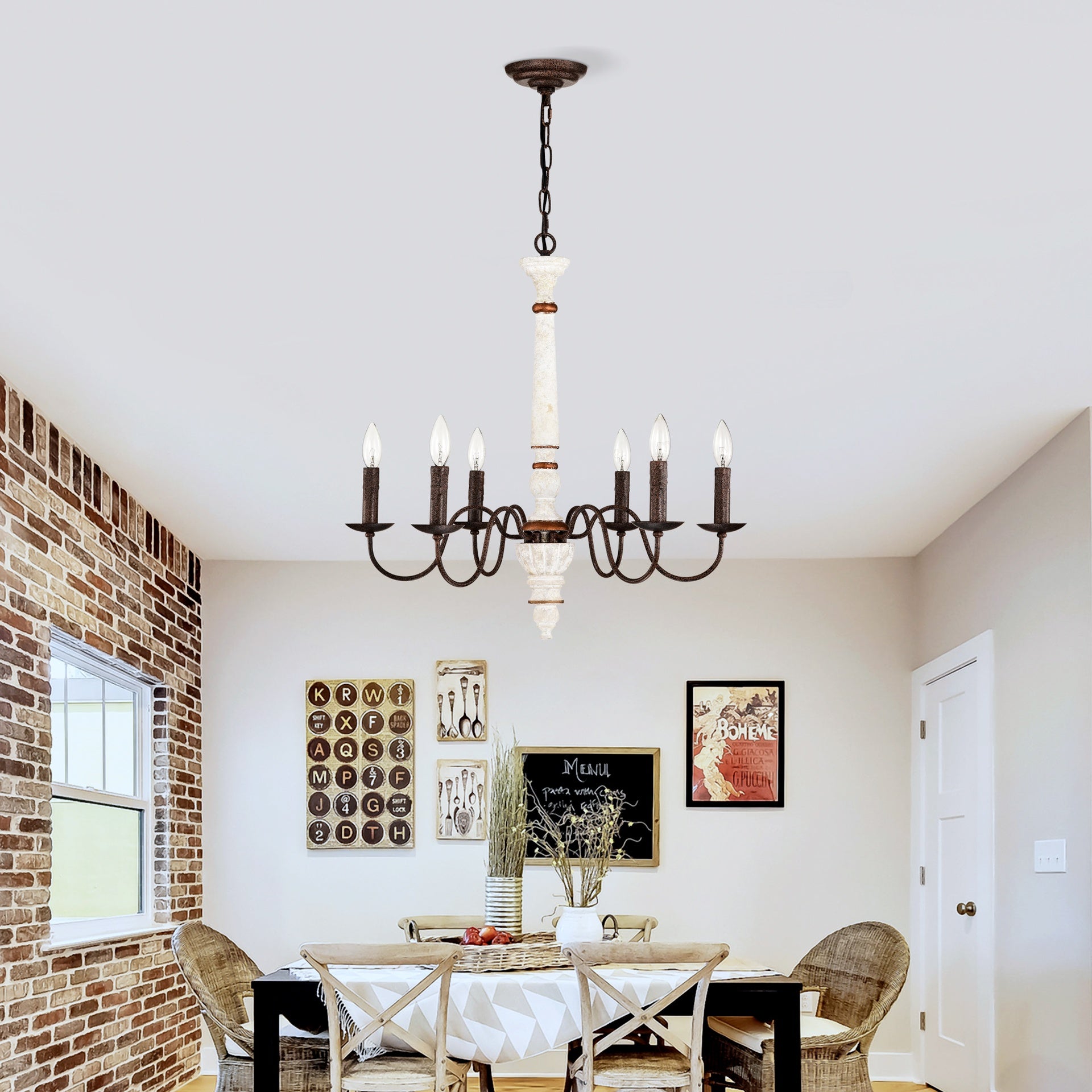 Retro white and Rust Color Chandelier With Light Fixture 6 Light (E12 NO include Bulb)  Pendant Light Fixtures for Dining Room, Lobby, Kitchen, Bedroom, Living Room, Conference Room, Home Office