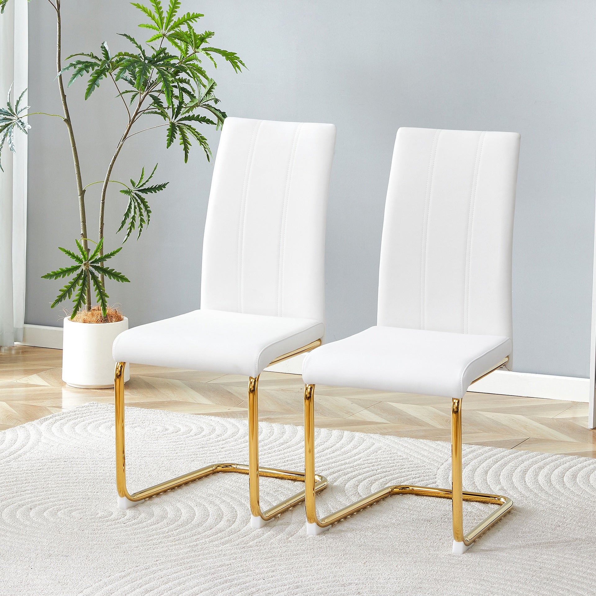 2-Pack White PU Upholstered Dining Chairs - Modern High-Back Side Chairs with Luxury Gold-Plated Iron Tube Legs for Dining Room, Kitchen & Living Room