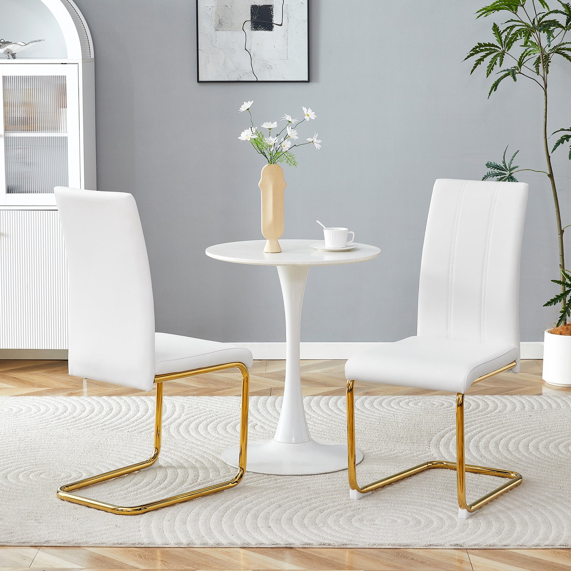 2-Pack White PU Upholstered Dining Chairs - Modern High-Back Side Chairs with Luxury Gold-Plated Iron Tube Legs for Dining Room, Kitchen & Living Room