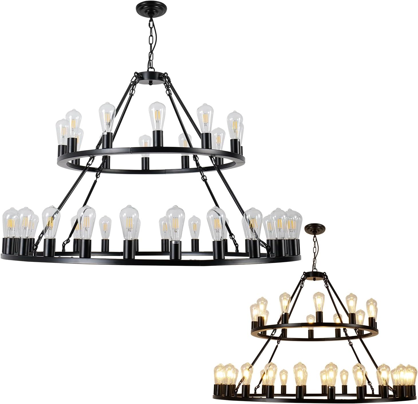 52 Inch Black Extra Large Wagon Wheel Chandelier, 2 Tier 36-Lights (24+12) +(12+24) Farmhouse Industrial Round High Ceiling Pendant Light Adjustable Chain, for Dining Room, Living Room,Kitchen