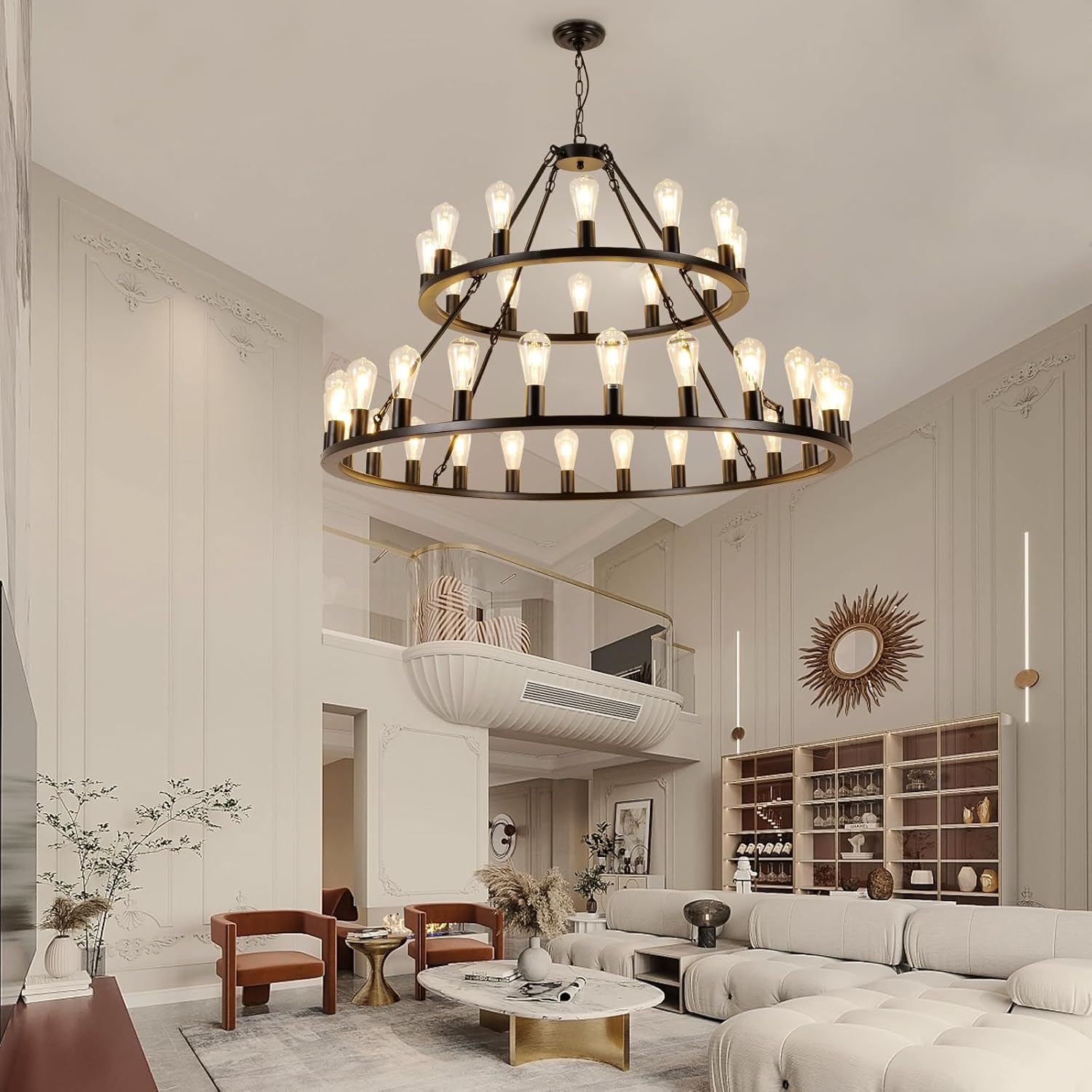 52 Inch Black Extra Large Wagon Wheel Chandelier, 2 Tier 36-Lights (24+12) +(12+24) Farmhouse Industrial Round High Ceiling Pendant Light Adjustable Chain, for Dining Room, Living Room,Kitchen