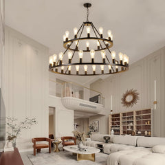 52 Inch Black Extra Large Wagon Wheel Chandelier, 2 Tier 36-Lights (24+12) +(12+24) Farmhouse Industrial Round High Ceiling Pendant Light Adjustable Chain, for Dining Room, Living Room,Kitchen