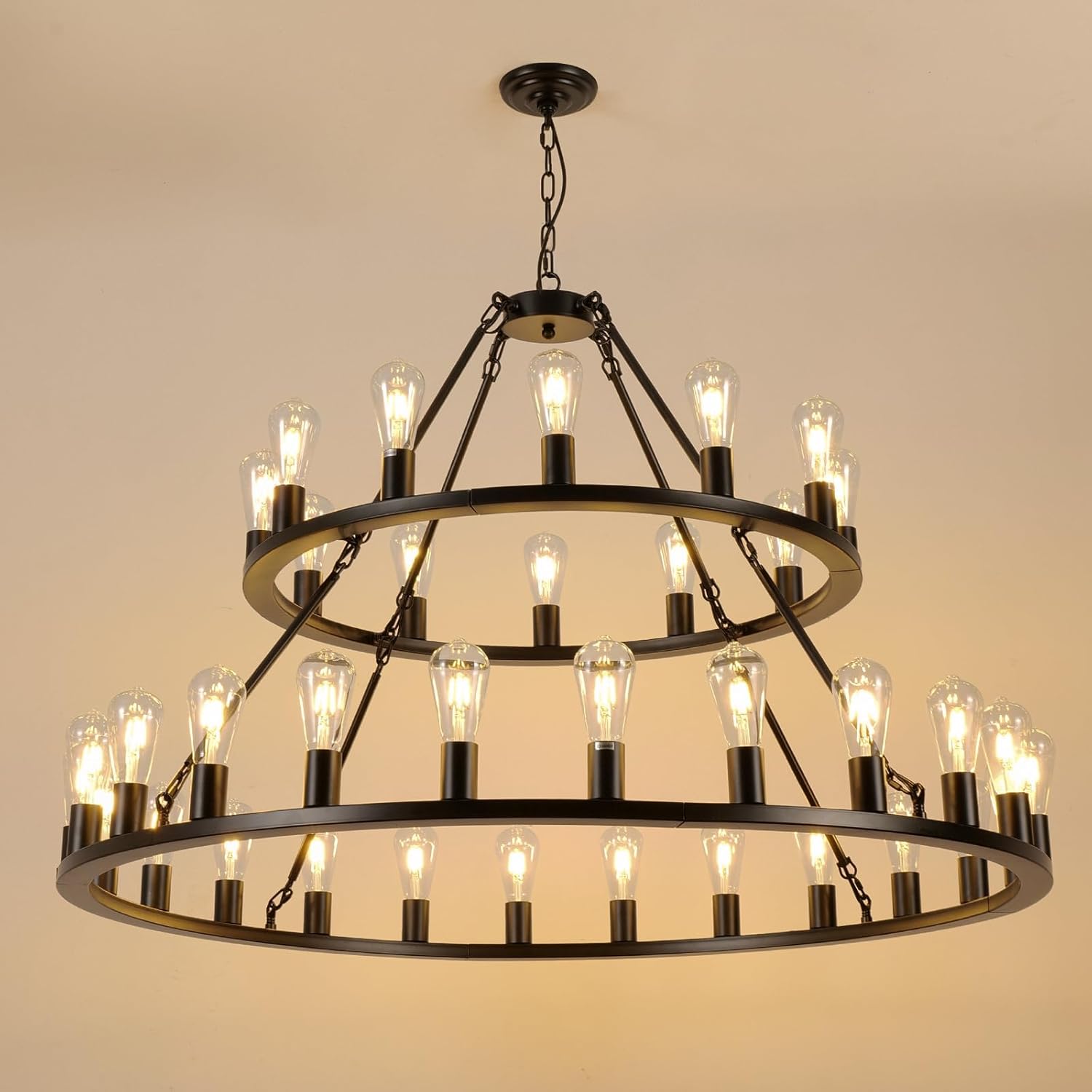 52 Inch Black Extra Large Wagon Wheel Chandelier, 2 Tier 36-Lights (24+12) +(12+24) Farmhouse Industrial Round High Ceiling Pendant Light Adjustable Chain, for Dining Room, Living Room,Kitchen