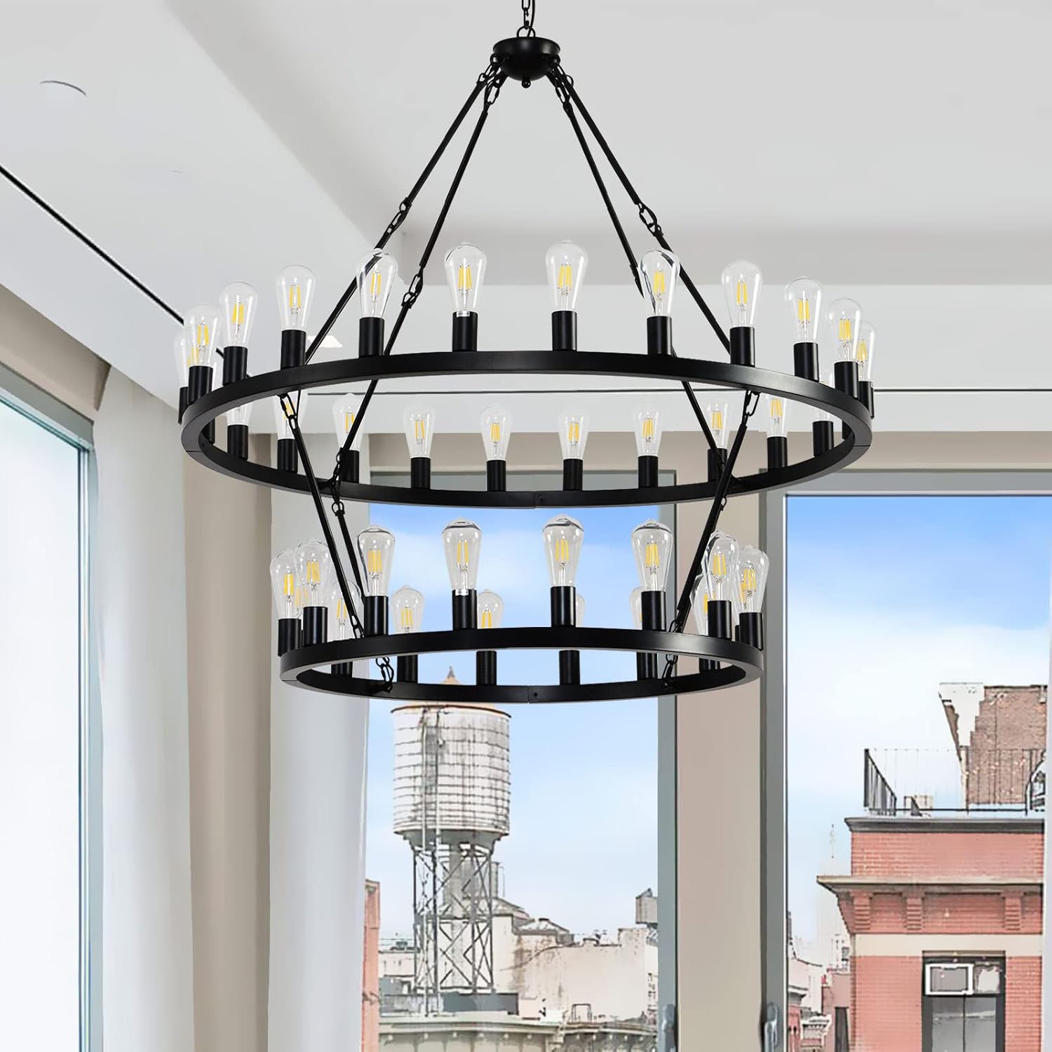 52 Inch Black Extra Large Wagon Wheel Chandelier, 2 Tier 36-Lights (24+12) +(12+24) Farmhouse Industrial Round High Ceiling Pendant Light Adjustable Chain, for Dining Room, Living Room,Kitchen