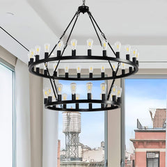52 Inch Black Extra Large Wagon Wheel Chandelier, 2 Tier 36-Lights (24+12) +(12+24) Farmhouse Industrial Round High Ceiling Pendant Light Adjustable Chain, for Dining Room, Living Room,Kitchen