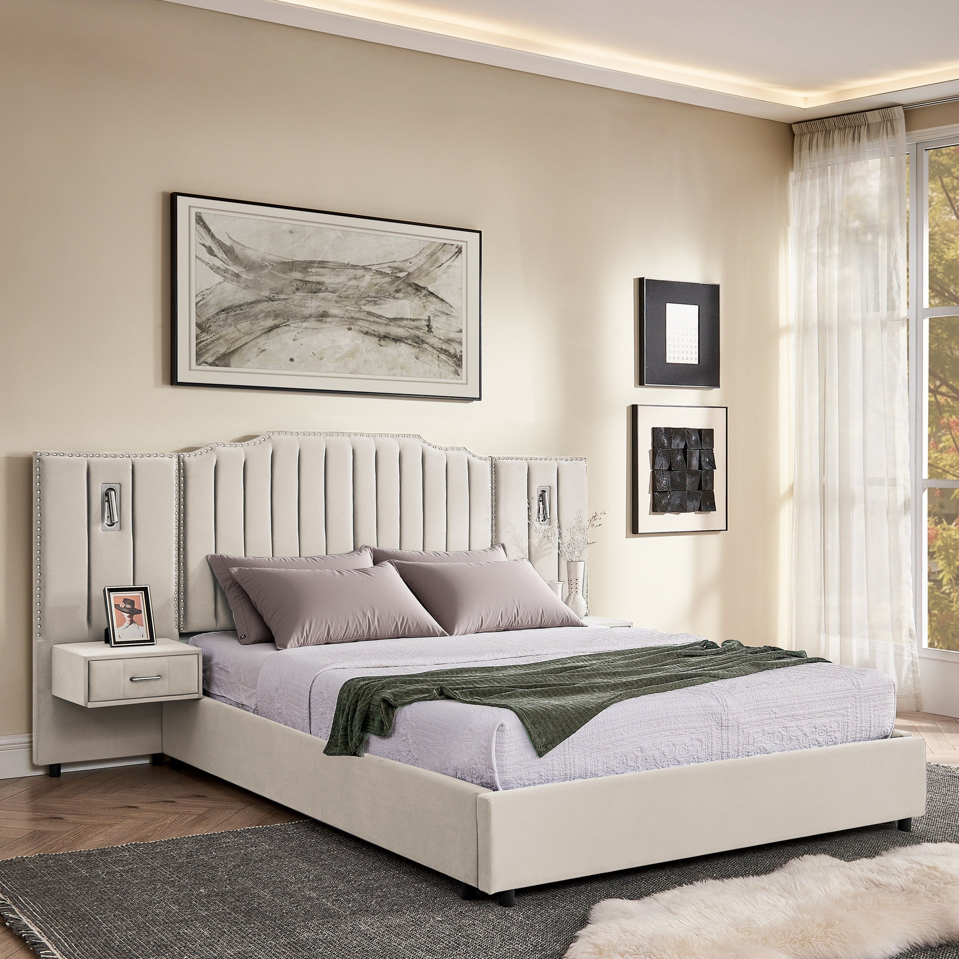 Queen Size Upholstered Bed Frame with Velvet Fabric, Vertical Stripe Design with Buttons Around  Platform Bed with Headboard, Solid Frame & Bedside Table - No Box Spring Needed-Beige
