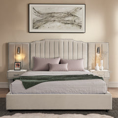 Queen Size Upholstered Bed Frame with Velvet Fabric, Vertical Stripe Design with Buttons Around  Platform Bed with Headboard, Solid Frame & Bedside Table - No Box Spring Needed-Beige