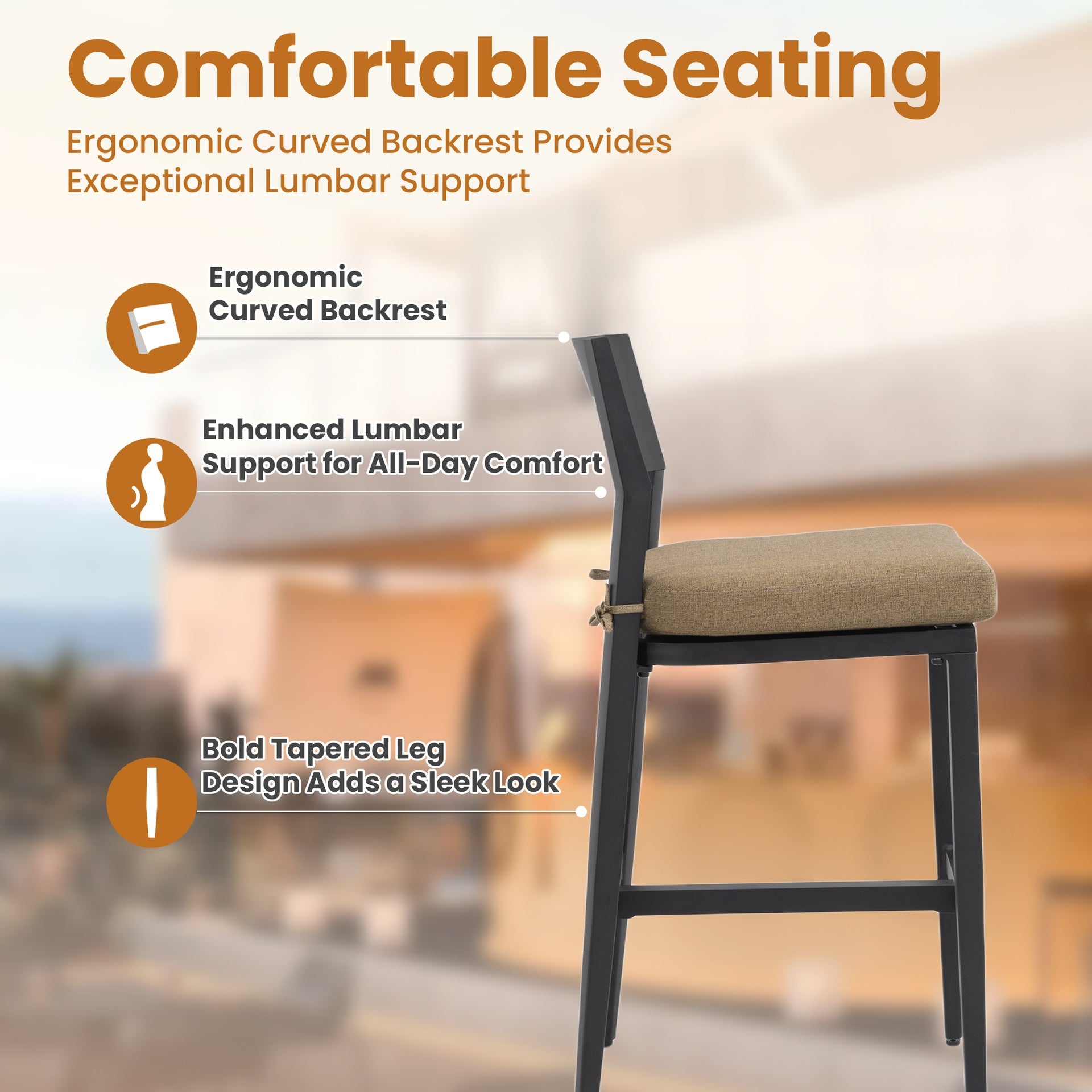 Modern Outdoor 2PC Bar Stools, Aluminum Patio Bar Chair with Ergonomic Backrest, Tapered Legs, Footrest, Ember Black, Sunbrella Cushion, Weather-Resistant, for Garden, Poolside, and Kitchen Island