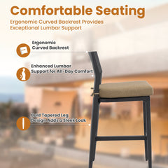 Modern Outdoor 2PC Bar Stools, Aluminum Patio Bar Chair with Ergonomic Backrest, Tapered Legs, Footrest, Ember Black, Sunbrella Cushion, Weather-Resistant, for Garden, Poolside, and Kitchen Island
