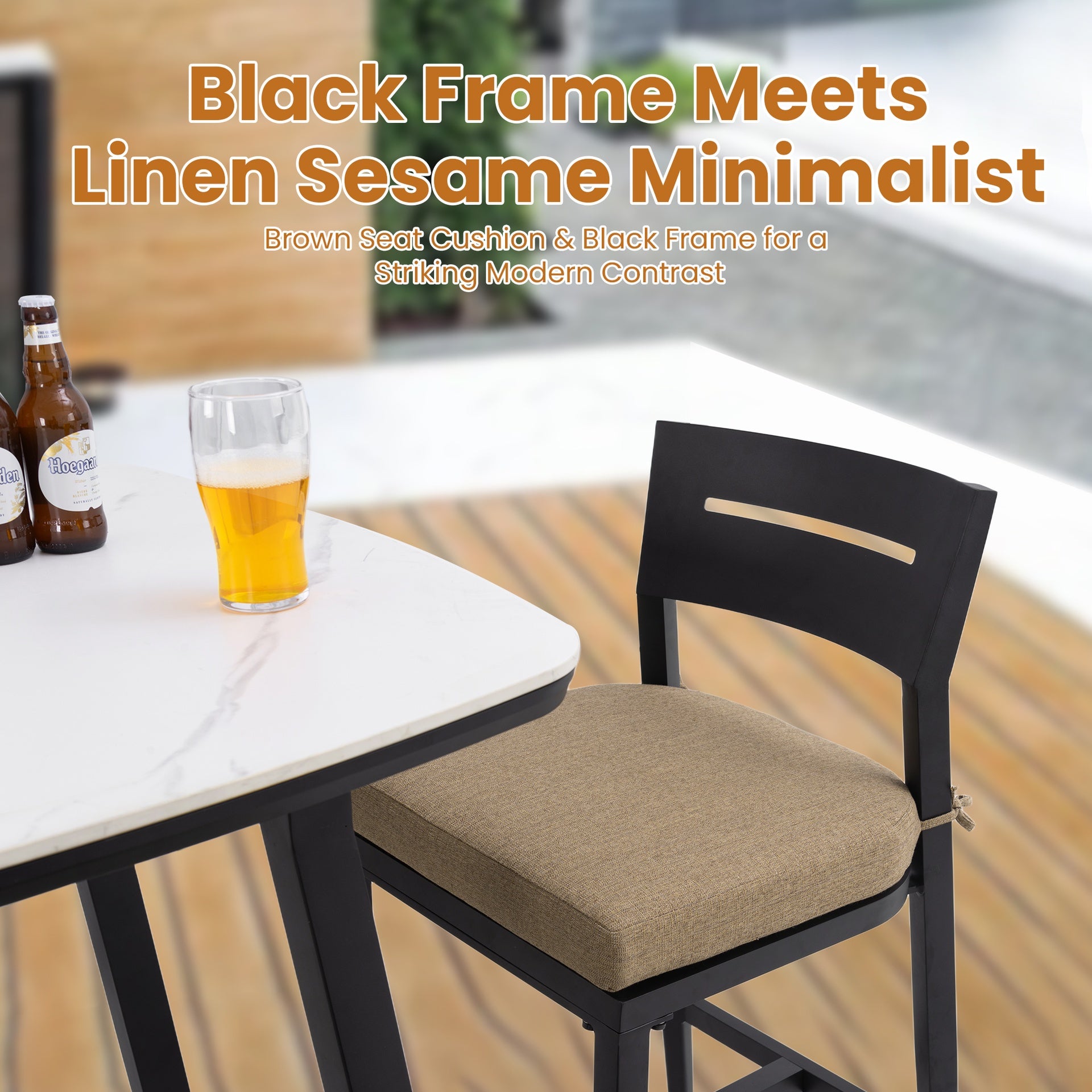 Modern Outdoor 2PC Bar Stools, Aluminum Patio Bar Chair with Ergonomic Backrest, Tapered Legs, Footrest, Ember Black, Sunbrella Cushion, Weather-Resistant, for Garden, Poolside, and Kitchen Island