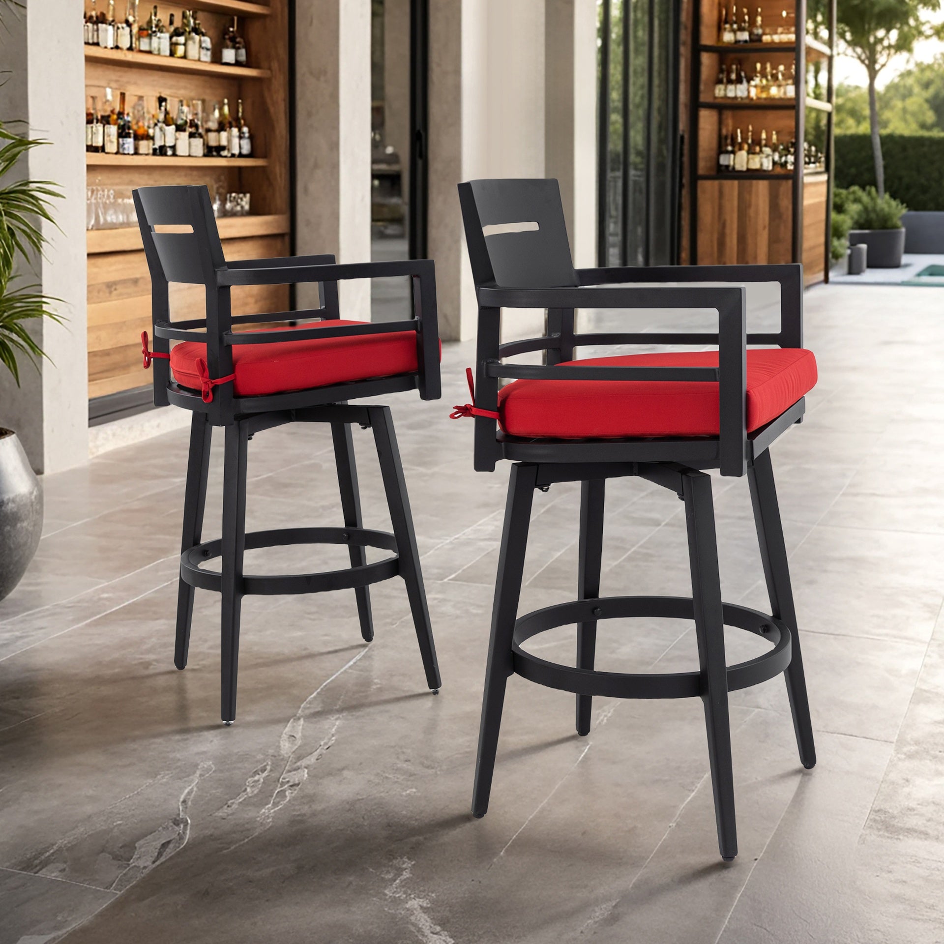 Modern Outdoor 2-Piece Swivel Bar Chairs – Aluminum Frame with Ember Black, 360° Swivel, Ergonomic Backrest & Armrests, Tapered Legs, Sunbrella Cushion, Weather-Resistant & Durable Patio Bar Stool