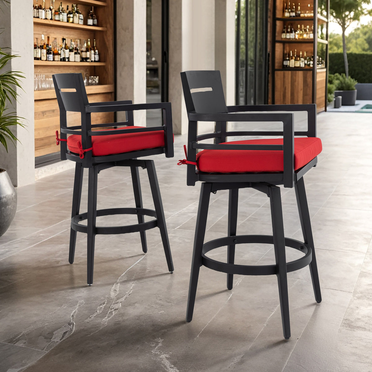 Modern Outdoor 2-Piece Swivel Bar Chairs – Aluminum Frame with Ember Black, 360° Swivel, Ergonomic Backrest & Armrests, Tapered Legs, Sunbrella Cushion, Weather-Resistant & Durable Patio Bar Stool