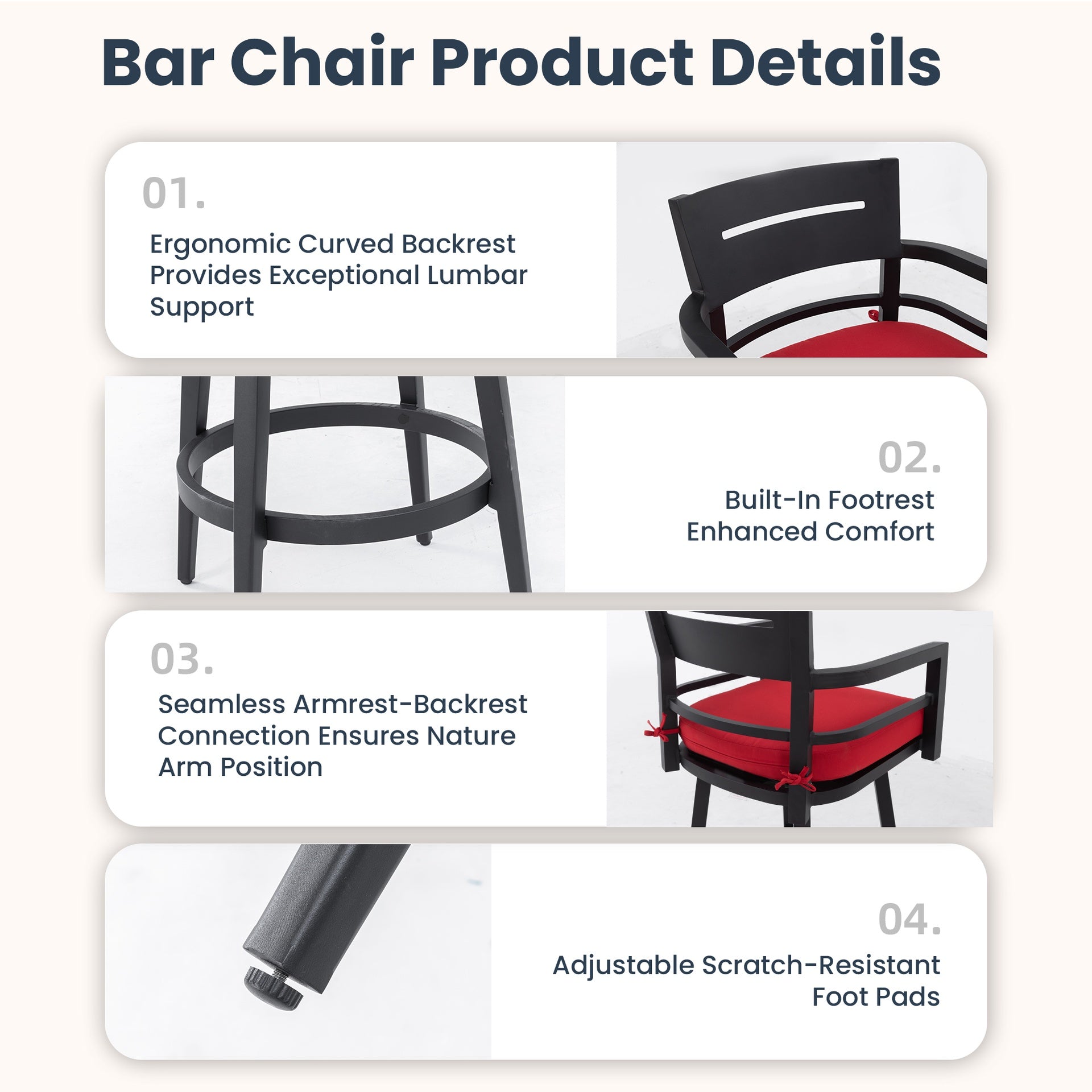 Modern Outdoor 2-Piece Swivel Bar Chairs – Aluminum Frame with Ember Black, 360° Swivel, Ergonomic Backrest & Armrests, Tapered Legs, Sunbrella Cushion, Weather-Resistant & Durable Patio Bar Stool