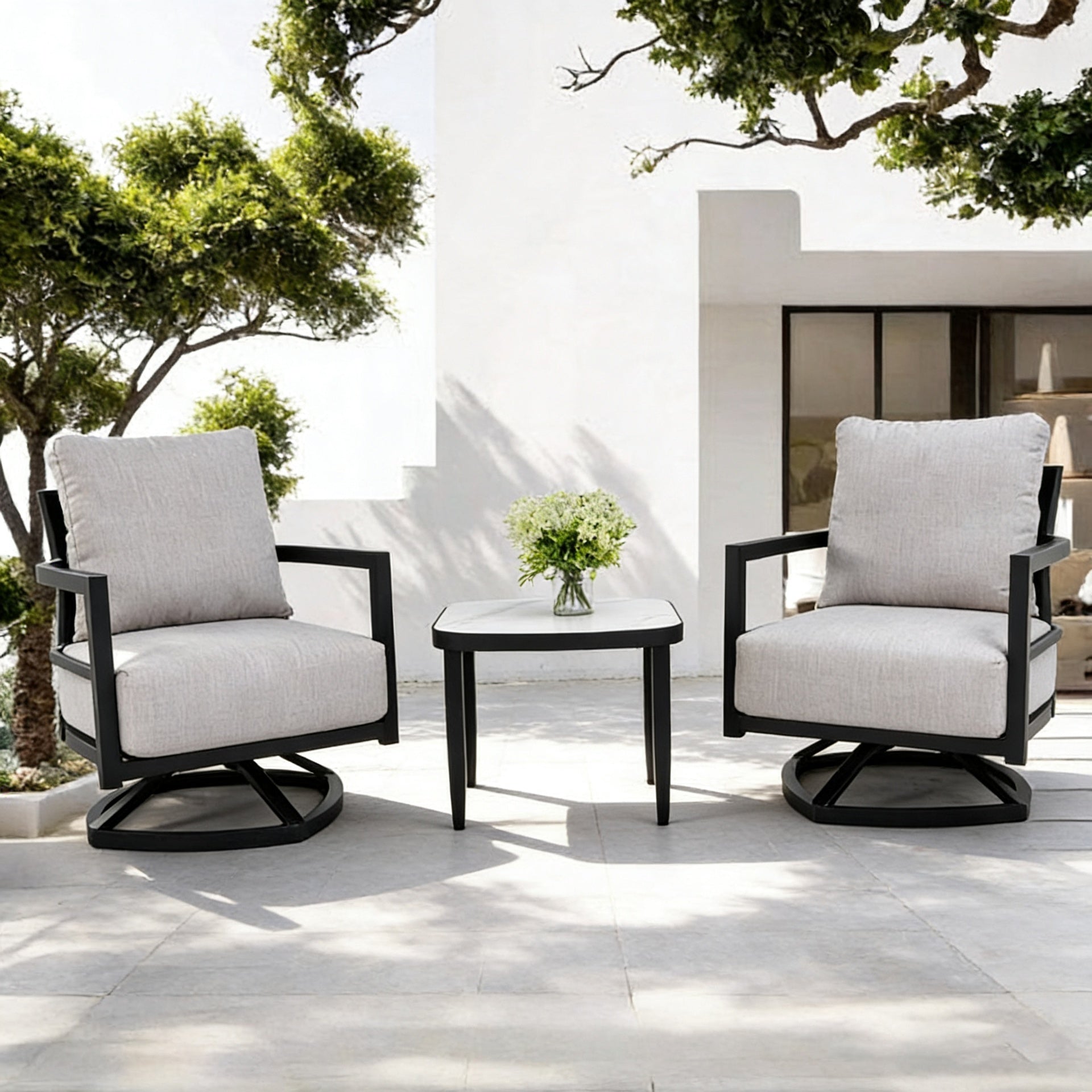 3PC Outdoor Aluminum Patio Furniture,Modern Fully Weld Swivel Lounge Chair Chat Set,Sunbrella Cushions,Elegance Arc 23.6'' Side Table with Greek White Marble-Inspired Sintered Stone Top,Ember Black