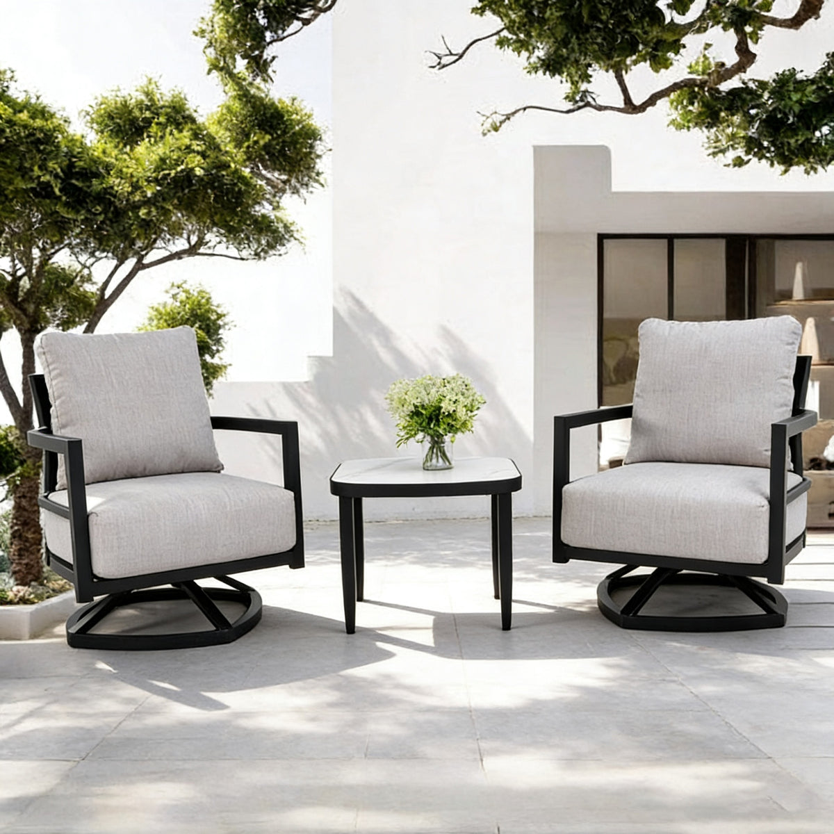 3PC Outdoor Aluminum Patio Furniture,Modern Fully Weld Swivel Lounge Chair Chat Set,Sunbrella Cushions,Elegance Arc 23.6'' Side Table with Greek White Marble-Inspired Sintered Stone Top,Ember Black