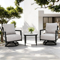3PC Outdoor Aluminum Patio Furniture,Modern Fully Weld Swivel Lounge Chair Chat Set,Sunbrella Cushions,Elegance Arc 23.6'' Side Table with Greek White Marble-Inspired Sintered Stone Top,Ember Black