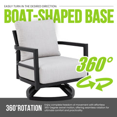 3PC Outdoor Aluminum Patio Furniture,Modern Fully Weld Swivel Lounge Chair Chat Set,Sunbrella Cushions,Elegance Arc 23.6'' Side Table with Greek White Marble-Inspired Sintered Stone Top,Ember Black