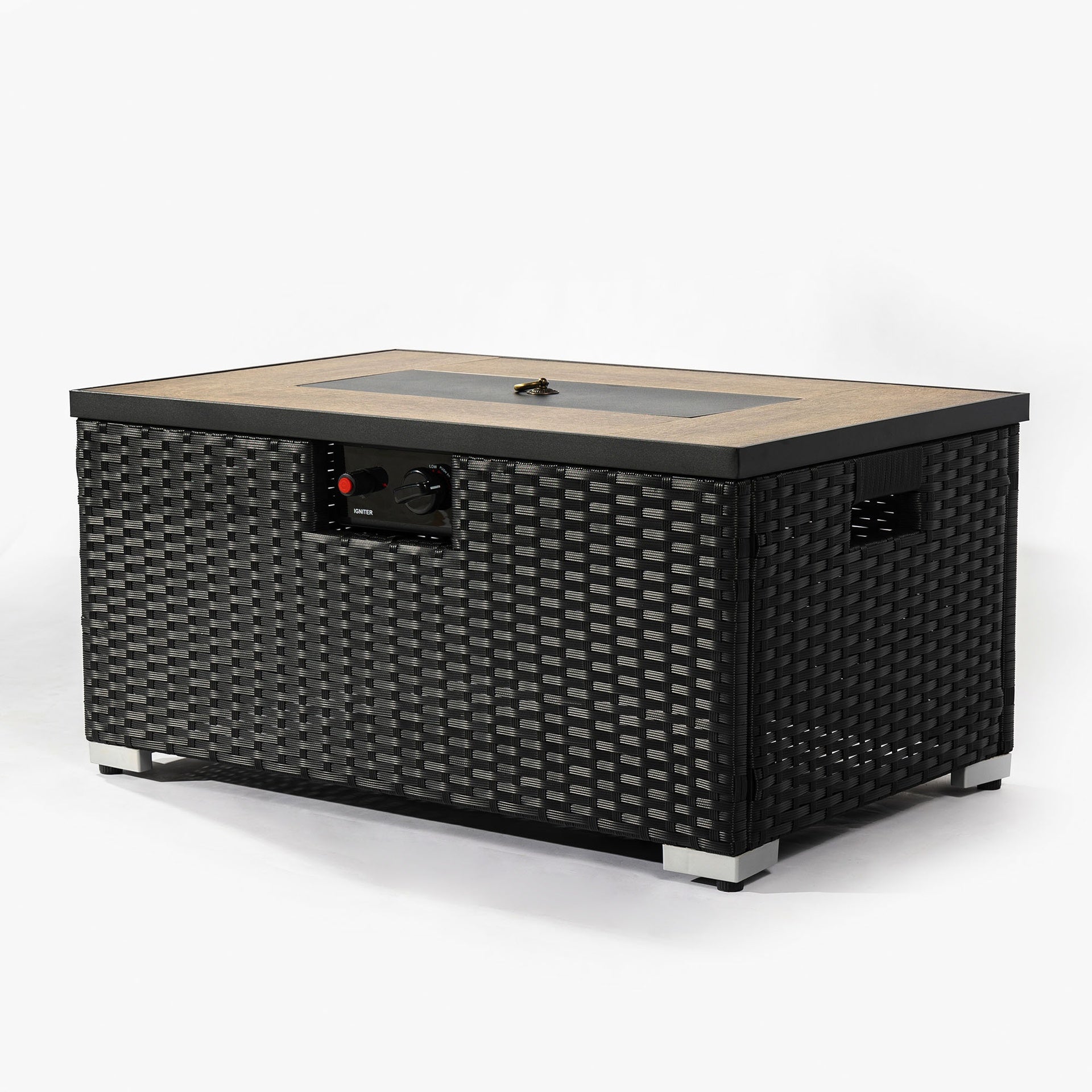 32" Propane Gas Fire Pit Table with Propane Tank Cover 2-Pieces, 50000 BTU Rectangular Steel Fire Pit with Beautiful Wicker Base for Outside Garden-Dark Gray