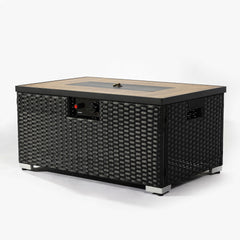 32" Propane Gas Fire Pit Table with Propane Tank Cover 2-Pieces, 50000 BTU Rectangular Steel Fire Pit with Beautiful Wicker Base for Outside Garden-Dark Gray