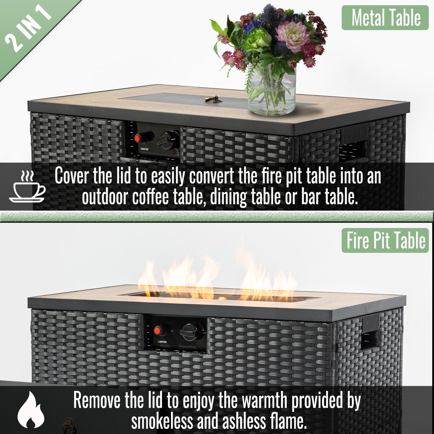 32" Propane Gas Fire Pit Table with Propane Tank Cover 2-Pieces, 50000 BTU Rectangular Steel Fire Pit with Beautiful Wicker Base for Outside Garden-Dark Gray