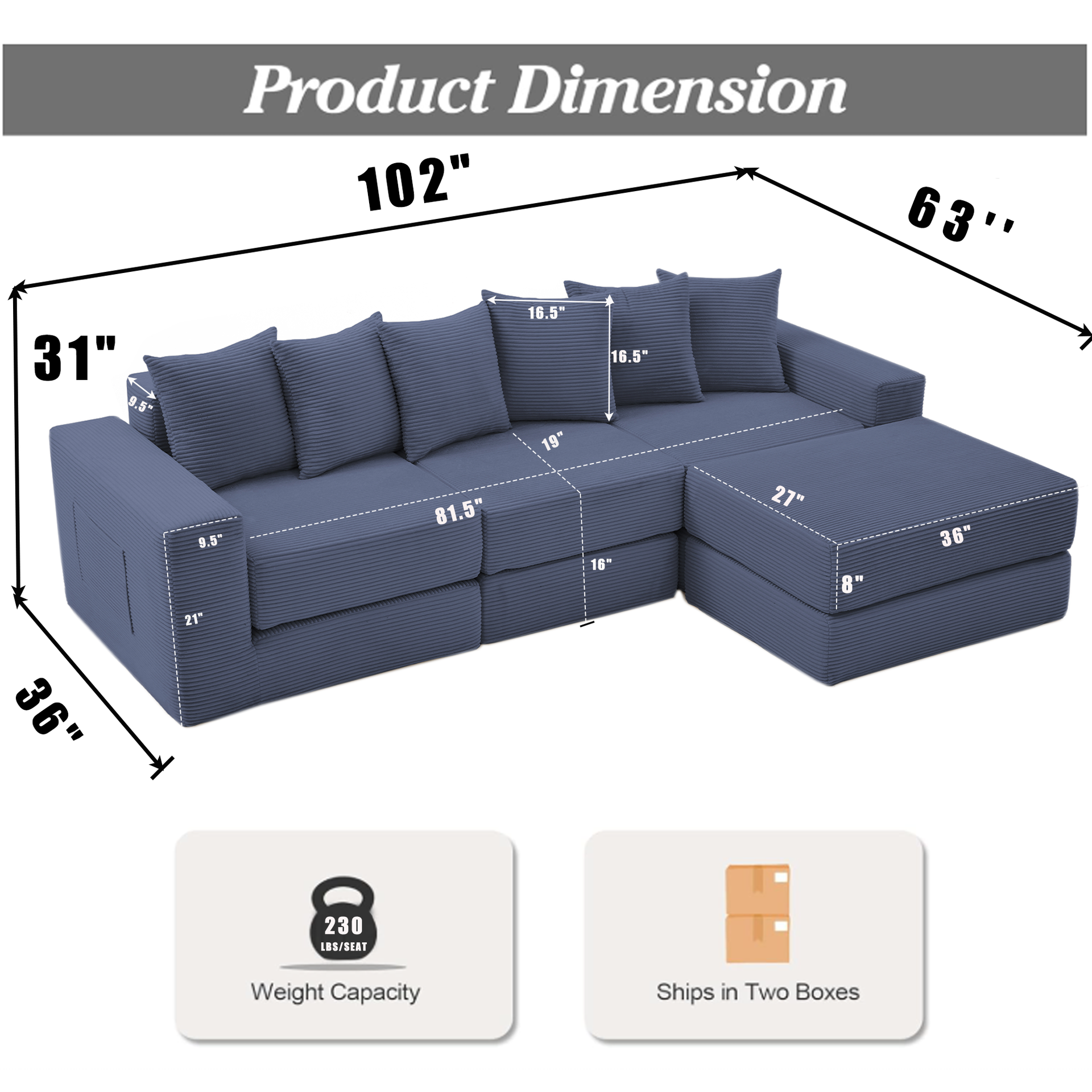 10-in-1 Convertible Sofa Sectional ,Corner Couch , Convertible Floor Sleeper Sofa,Corduroy,Side Pocket,No Assembly,DIY,L Shaped Modular Sofa,6 Pillows,Blue