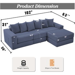 10-in-1 Convertible Sofa Sectional ,Corner Couch , Convertible Floor Sleeper Sofa,Corduroy,Side Pocket,No Assembly,DIY,L Shaped Modular Sofa,6 Pillows,Blue