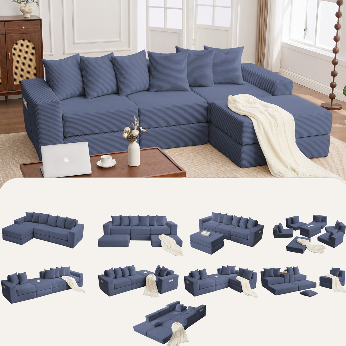 10-in-1 Convertible Sofa Sectional ,Corner Couch , Convertible Floor Sleeper Sofa,Corduroy,Side Pocket,No Assembly,DIY,L Shaped Modular Sofa,6 Pillows,Blue