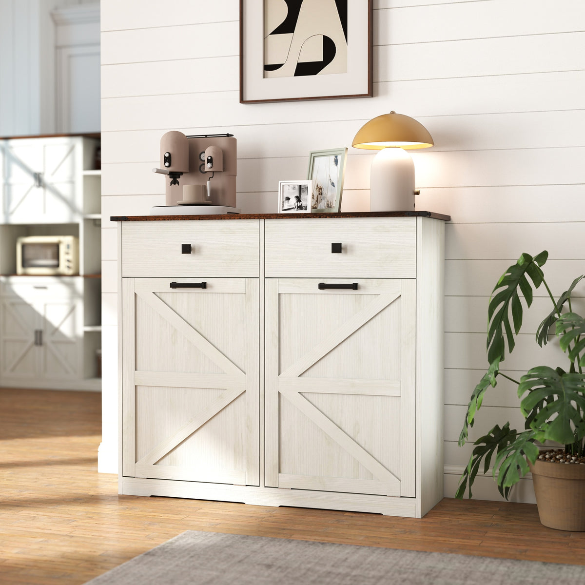 Farmhouse Double Tilt Out Trash Cabinet for 20 Gallon Trash Cans, Free Standing Recycling Cabinet with Hideaway Drawer, Barn Door Style Laundry Sorter Cabinet, Tilt Out Trash Cabinet for Kitchen