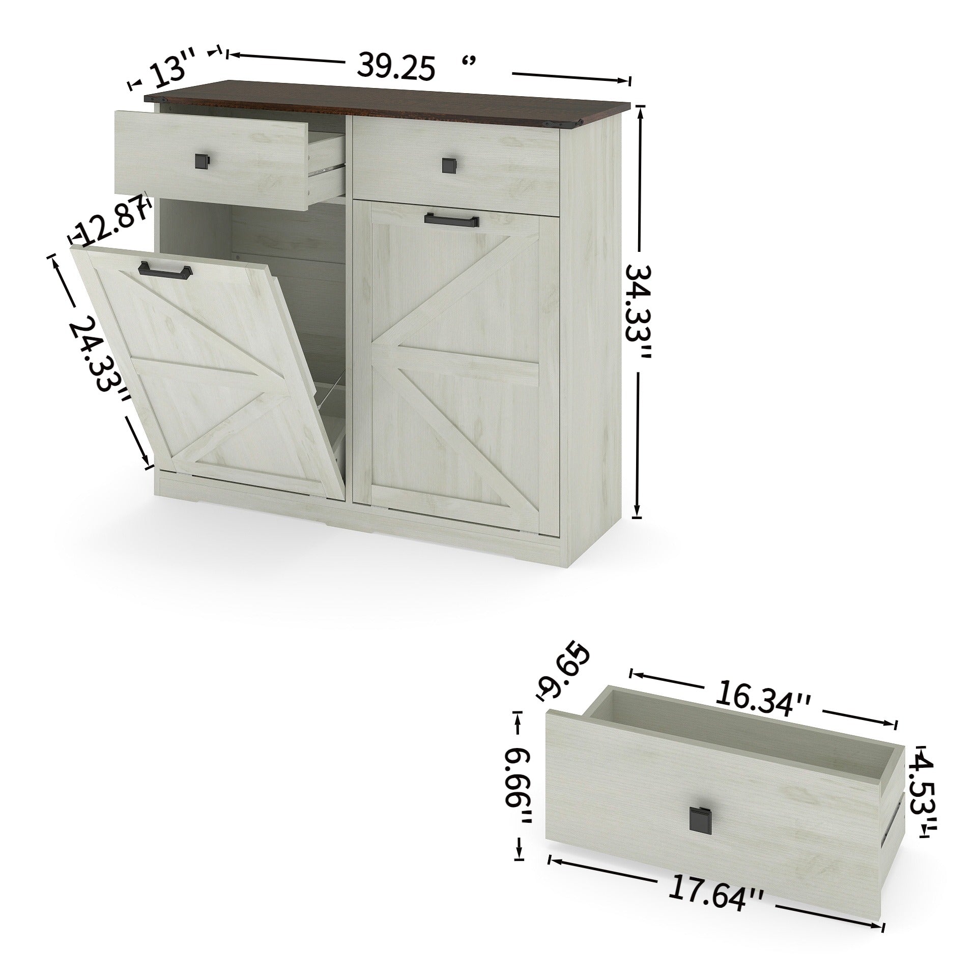 Farmhouse Double Tilt Out Trash Cabinet for 20 Gallon Trash Cans, Free Standing Recycling Cabinet with Hideaway Drawer, Barn Door Style Laundry Sorter Cabinet, Tilt Out Trash Cabinet for Kitchen